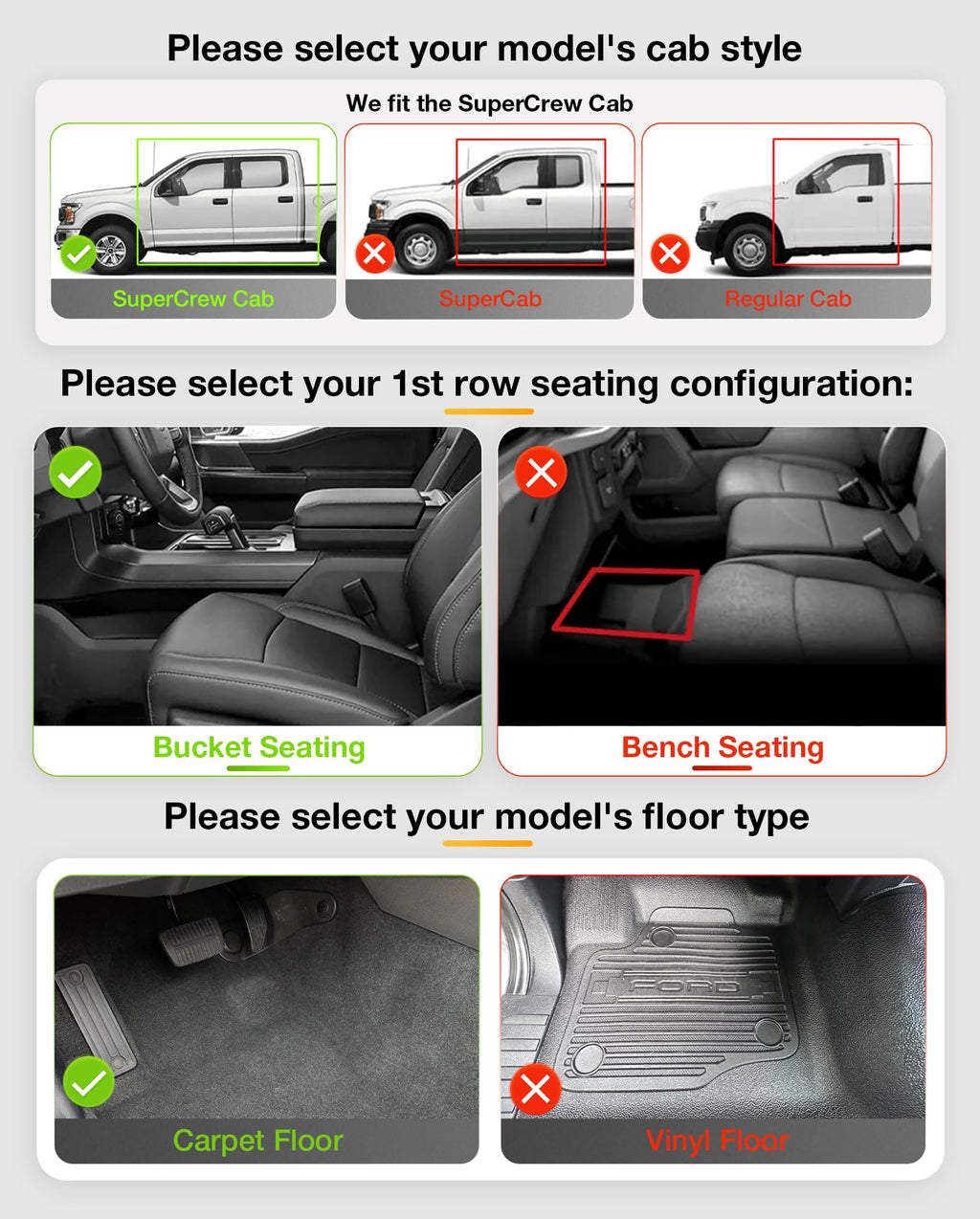 3W Floor Mats for Ford F-150 2015-2025 2026 & F150 Lightning 2022-2025 SuperCrew (w/o Fold Flat Storage), TPE All Weather Custom Fit, Front & Rear 3PCS | Heavy Duty, Easy Clean - Black