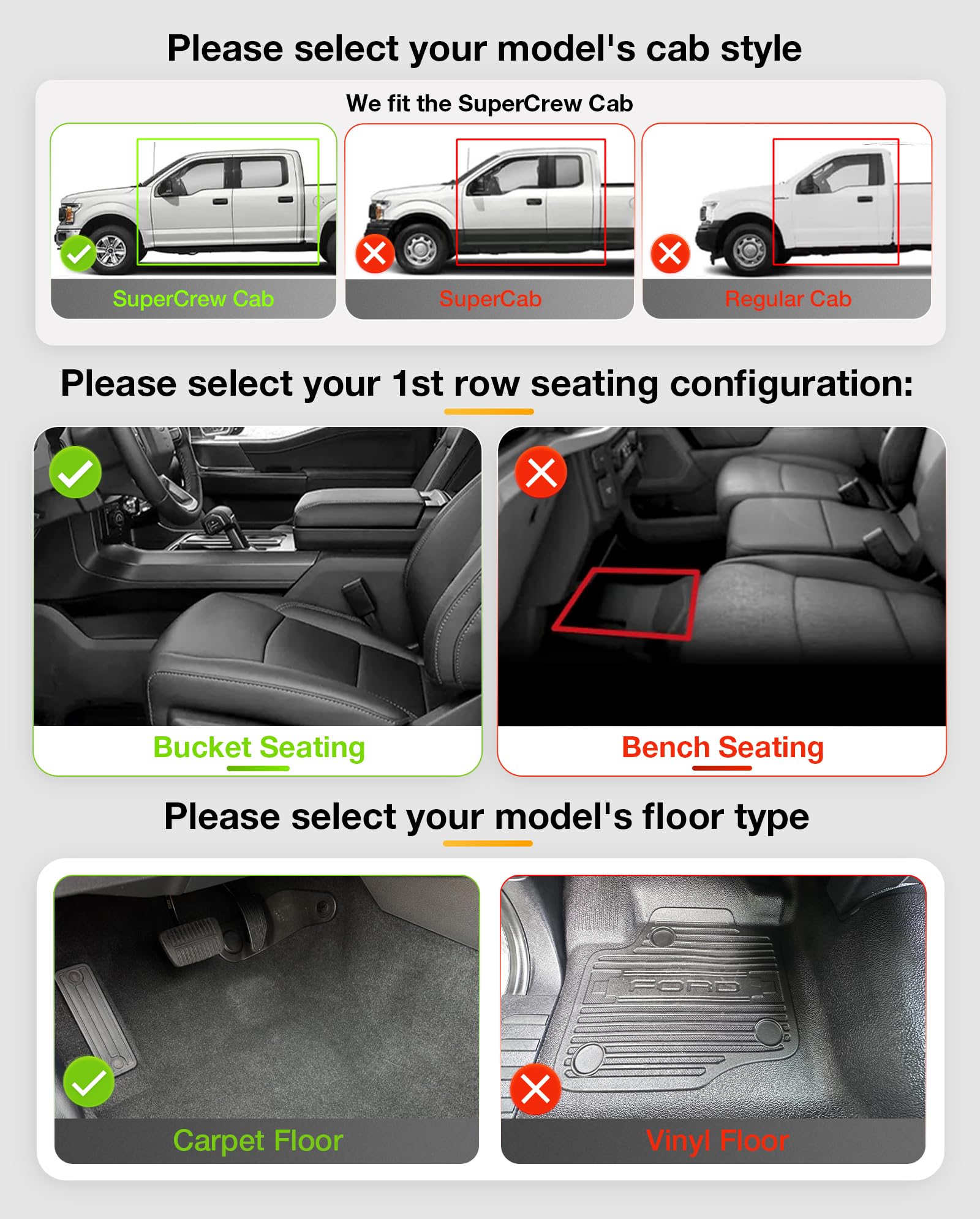3W Floor Mats for Ford F-150 2015-2025 2026 & F150 Lightning 2022-2025 SuperCrew (w/o Fold Flat Storage), TPE All Weather Custom Fit, Front & Rear 3PCS | Heavy Duty, Easy Clean - Black