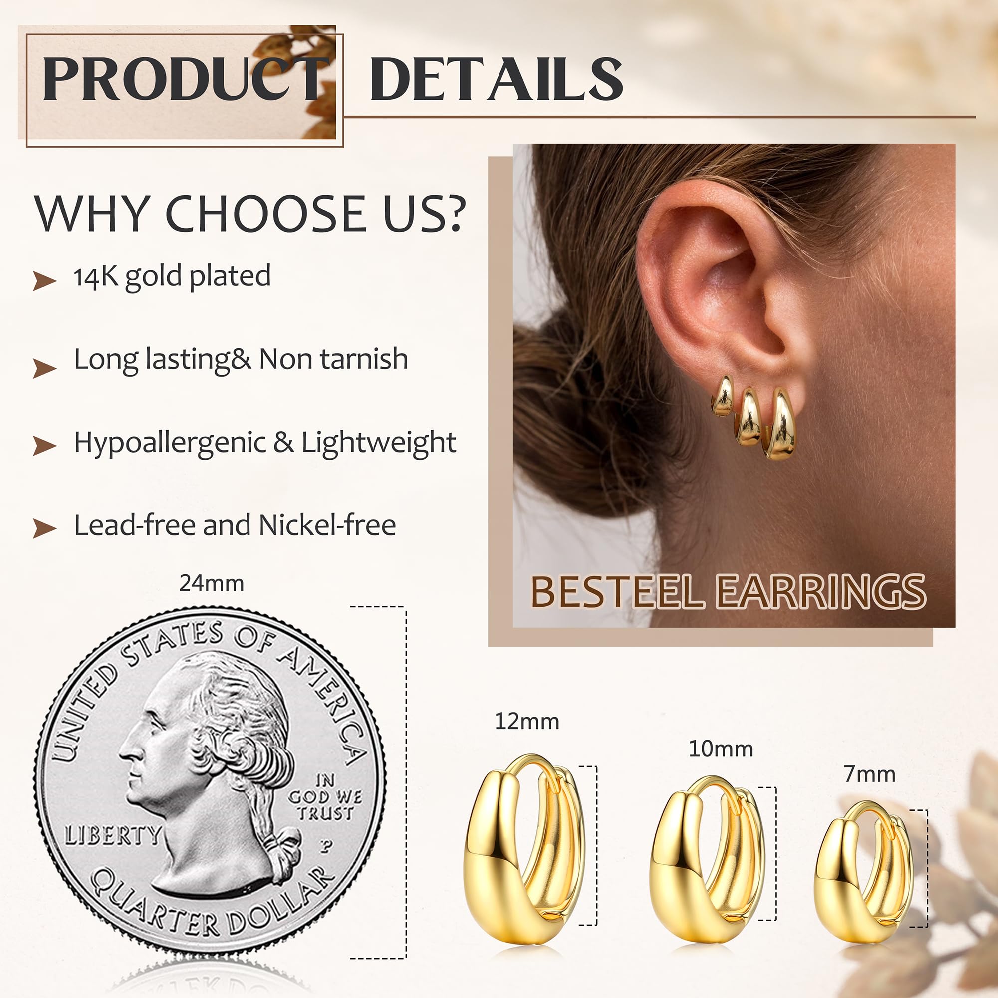 3Pairs 14K Gold Plated Hoop Earrings Set for Women Chunky Earring Silver Plated Hypoallergenic Small Huggie Hoops Lightweight Tiny Thick Trendy Hoop Earrings Stacks for Multiple Piercing(14k gold plated)