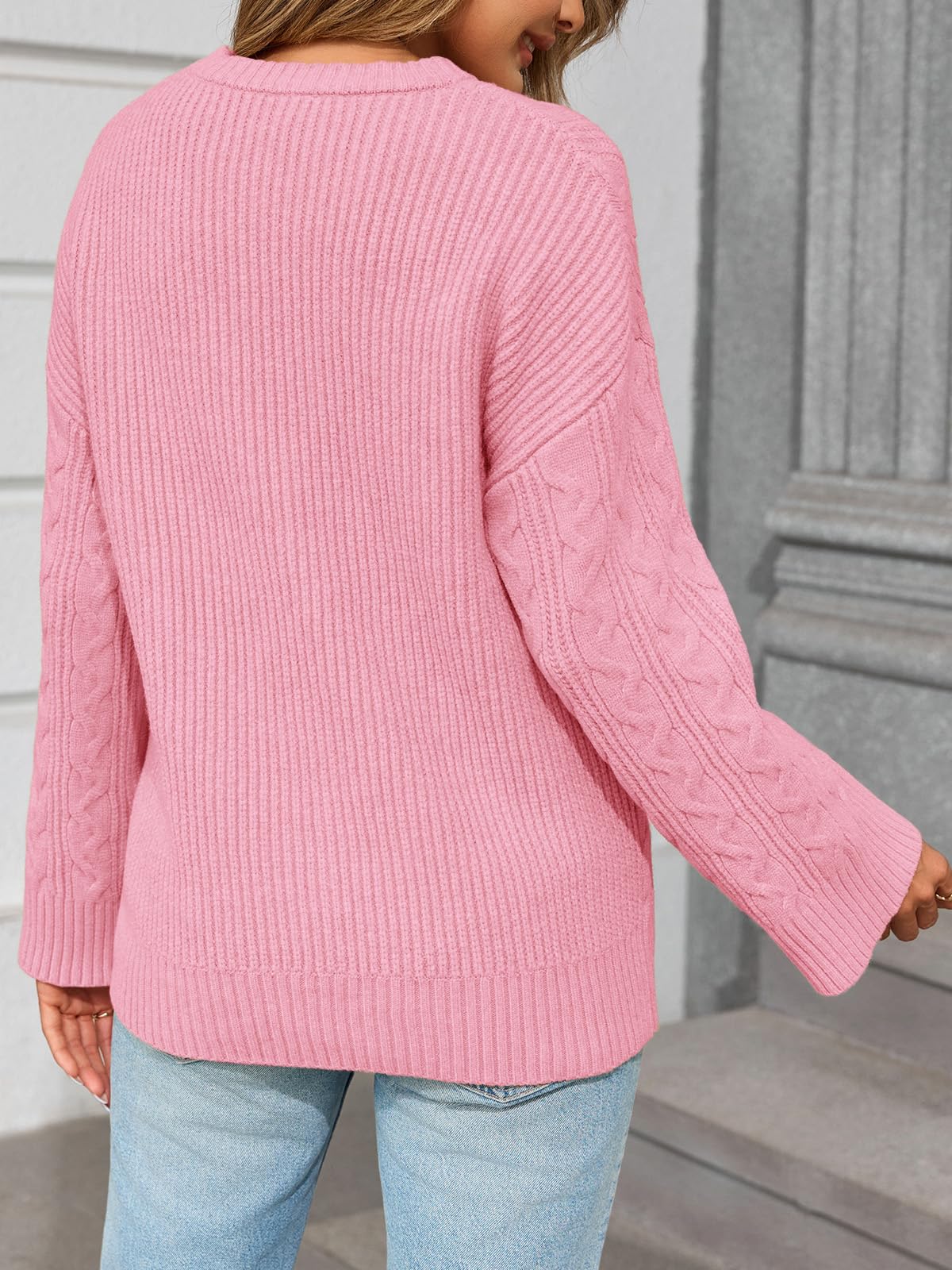 Saodimallsu Womens Cable Knit Sweater Oversized Long Sleeve Chunky Knit Crew Neck Fall Pullover Sweaters Top Pink