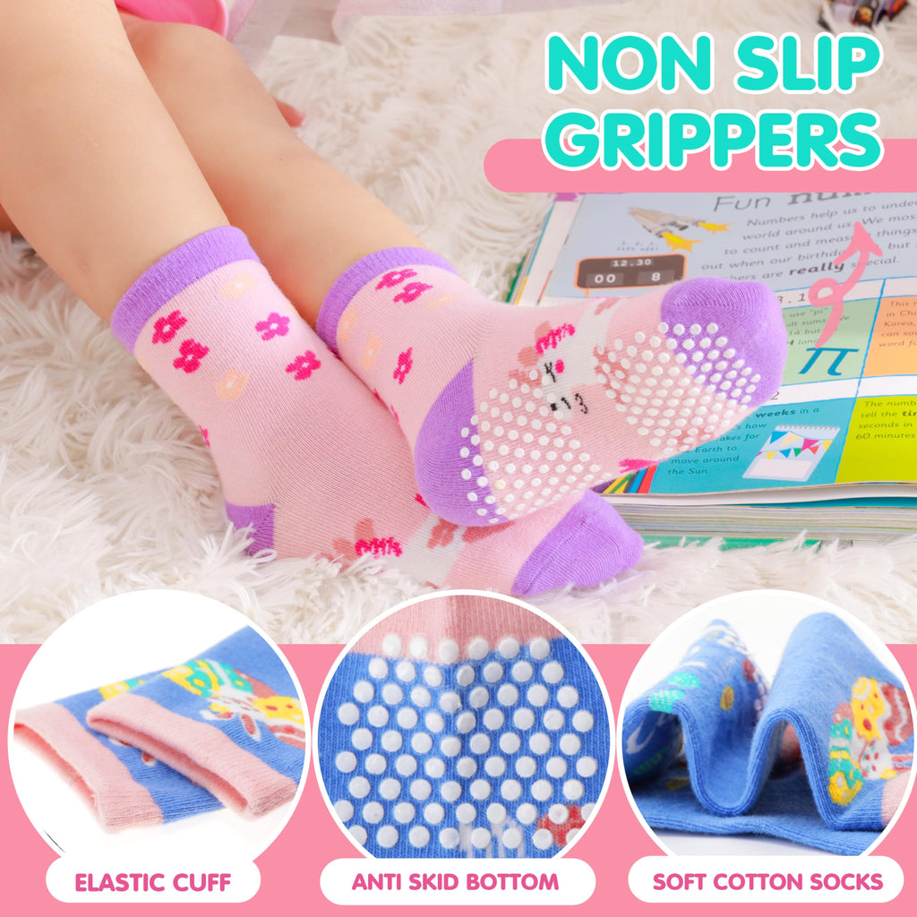 Welwoos Baby Girls Toddlers Grips Socks Kids Non Slip Anti Skid Funny Animal Cartoon Gift Cotton Socks with Grippers 12 Pairs Stocking Stuffers (Flower,5-8 Y)