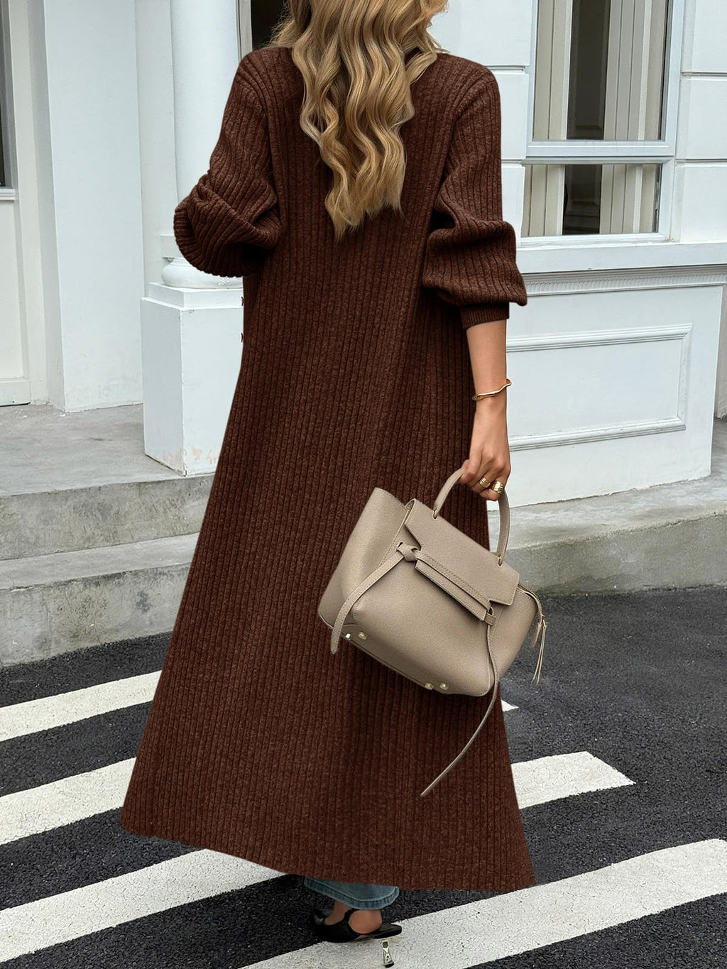 Saodimallsu Womens Long Cardigans V Neck Button Down Chunky Knit Dusters Sweater Coat Fall Trendy Maxi Sweater Dress Brown