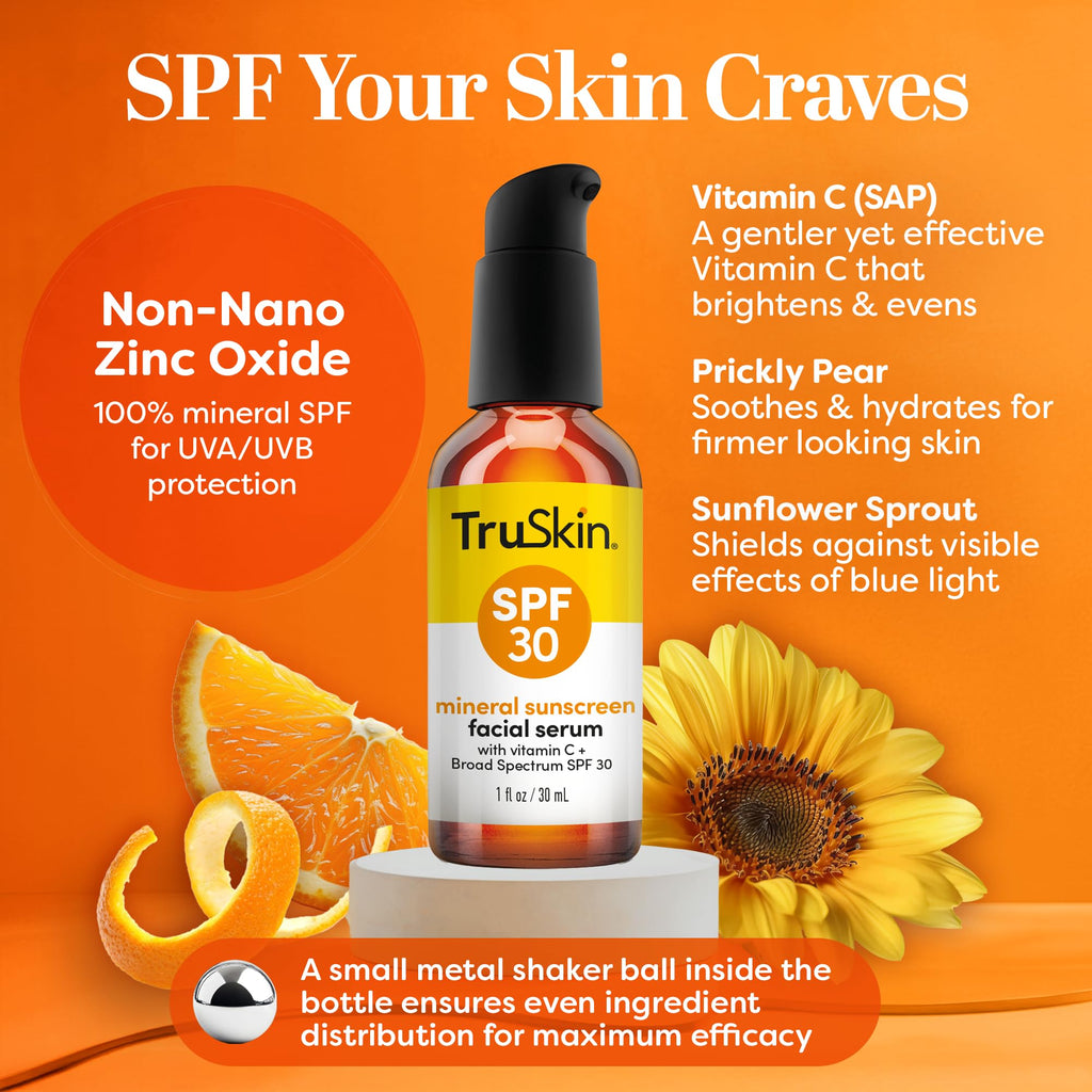 TruSkin Sunscreen Serum for Face - SPF 30 Universal Tinted Mineral Sunscreen Face Serum with Zinc Oxide - Sheer, Lightweight Finish with Vitamin C, Hyaluronic Acid, Ceramides & Niacinamide, 1 fl oz
