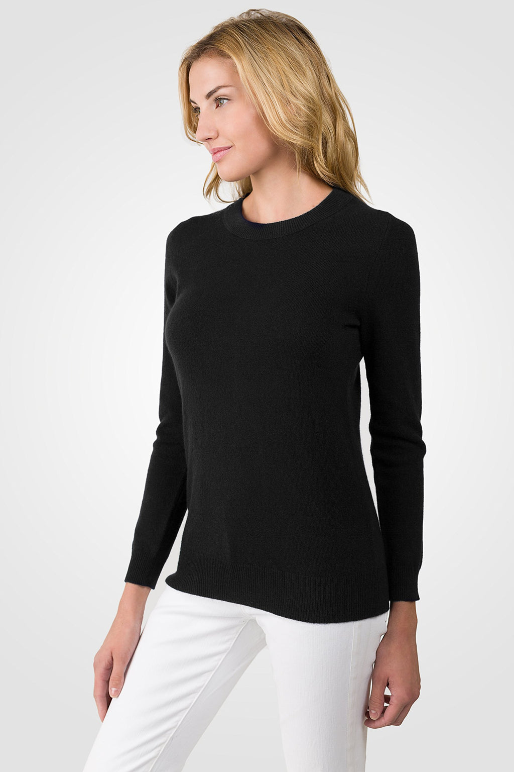 JENNIE LIU Women's 100% Pure Cashmere Crew Neck Sweater, Tight Knit Cozy Soft Hand Washable Long Sleeve Pullover (Small, Black)