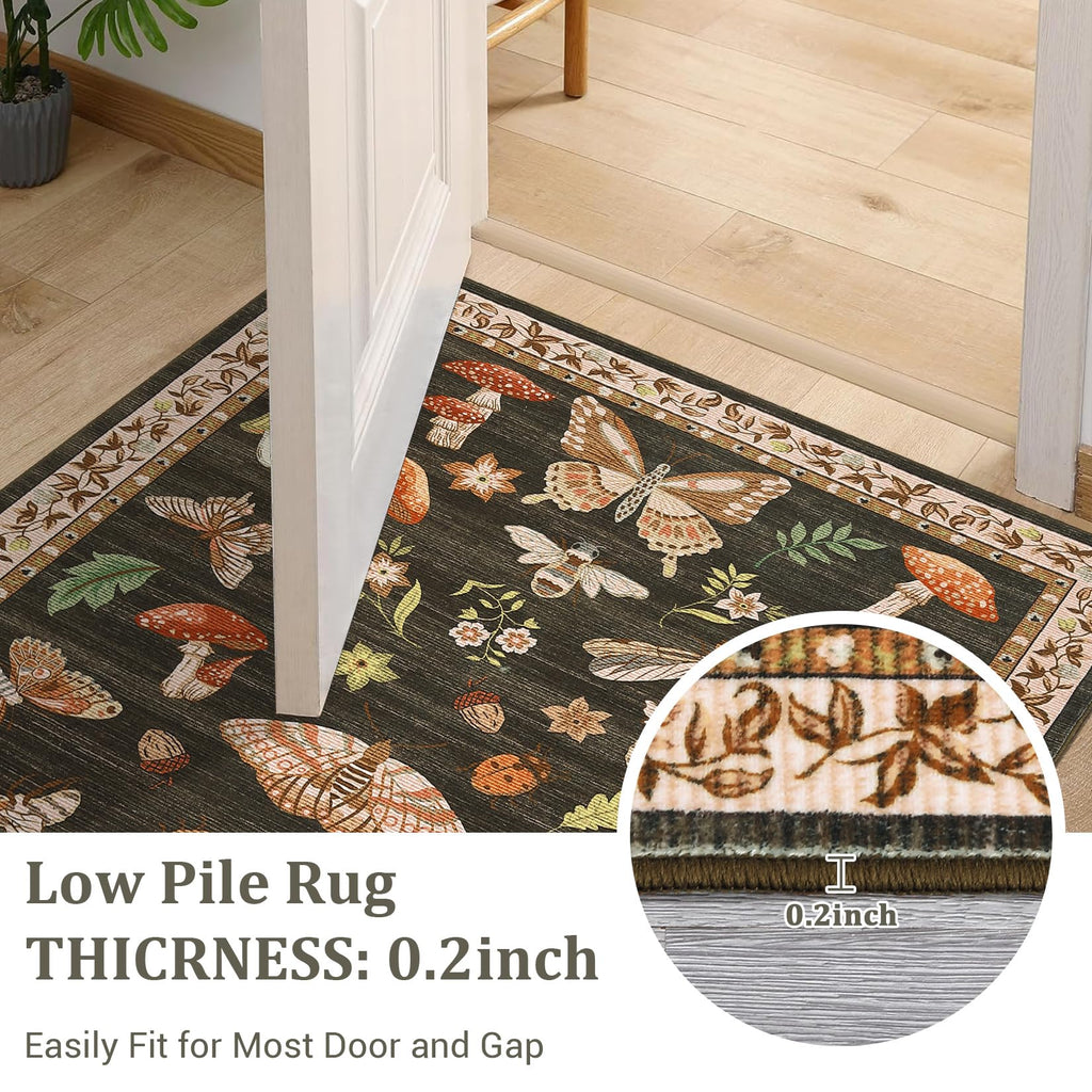 ROYHOME Mushroom Insect Washable Rug 2x6 Runners for Hallways, Boho Kitchen Runner Rugs Non Slip Bath Runner, Modern Bedroom, Soft Long Entryway Bathroom Laundry Dorm, Brown