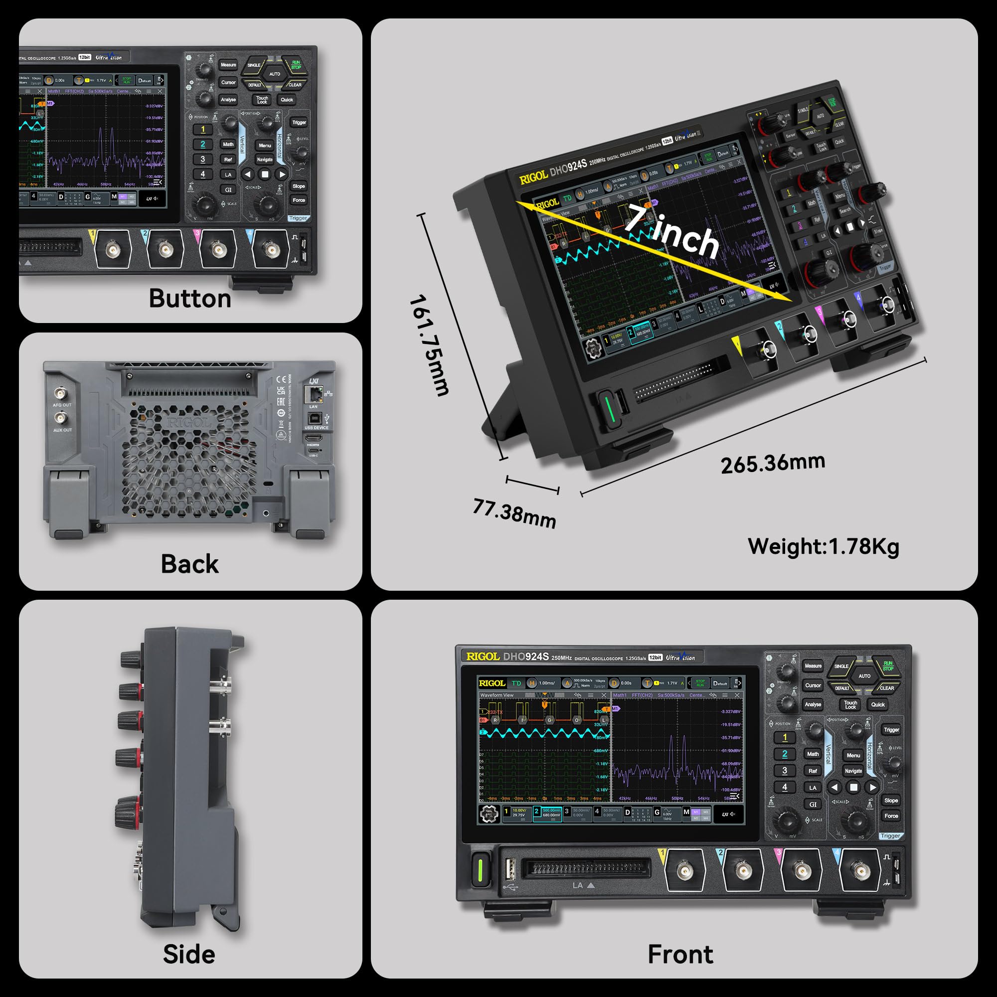 RIGOL Digital Oscilloscope DHO924S 250 MHz 4-Ch + 16 Digital 1.25 GSa/s 12-bit 50 Mpts UltraAcquire 1,000,000 wfms/s AFG + Bode Plot LAN/USB/HDMI SCPI for Power & Embedded