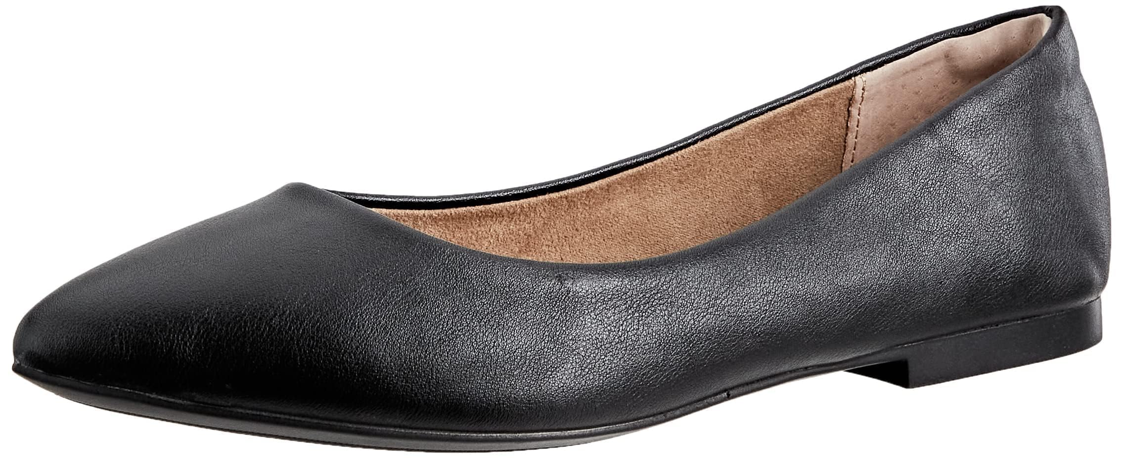 Amazon Essentials Women's Pointed-Toe Ballet Flat, Black Faux Leather, 14