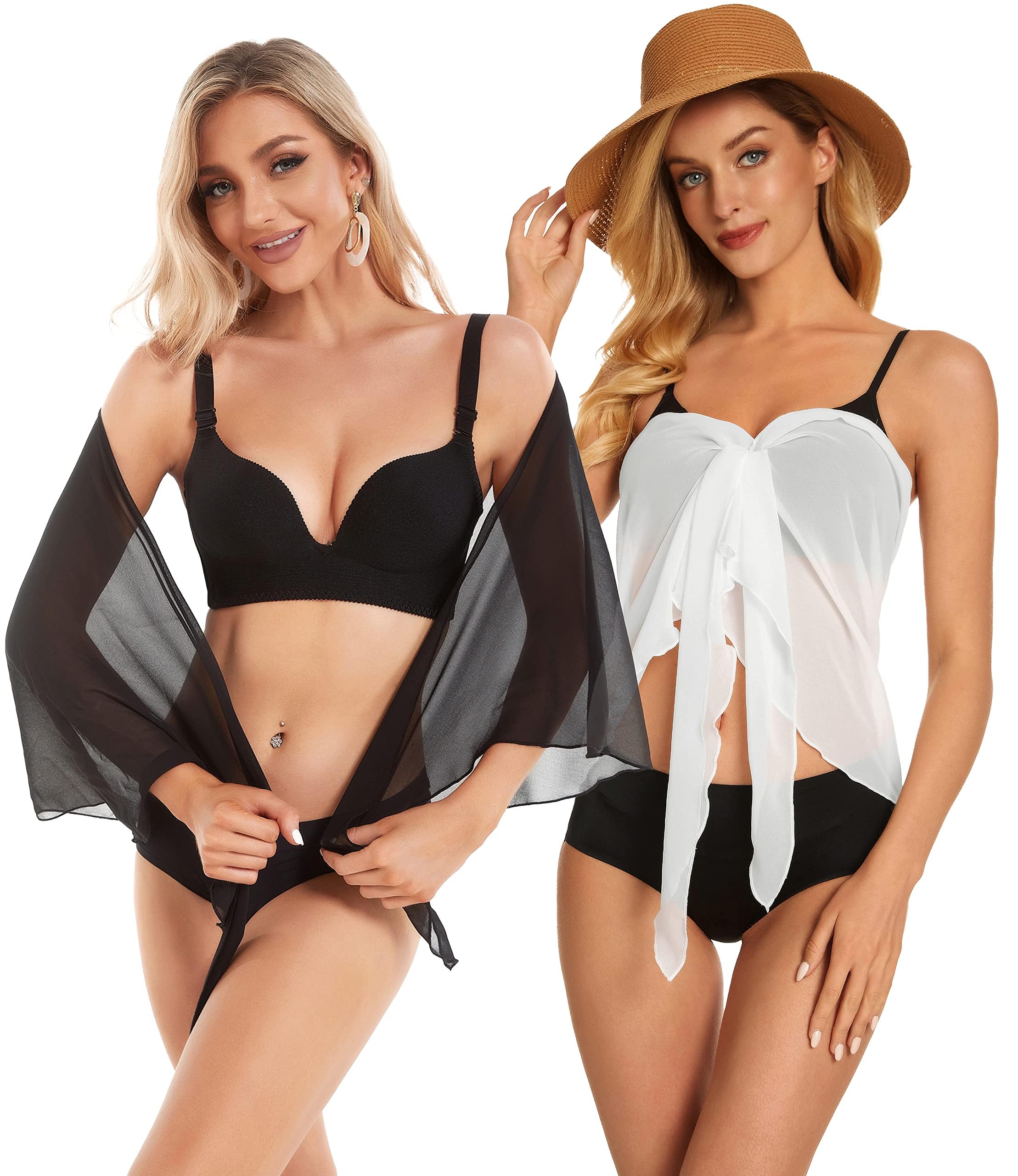 2 Pieces Women Beach Sarong Bathing Suit Wrap Skirt Sheer Bikini Swimsuit Cover Ups for Swimwear (White and Black)
