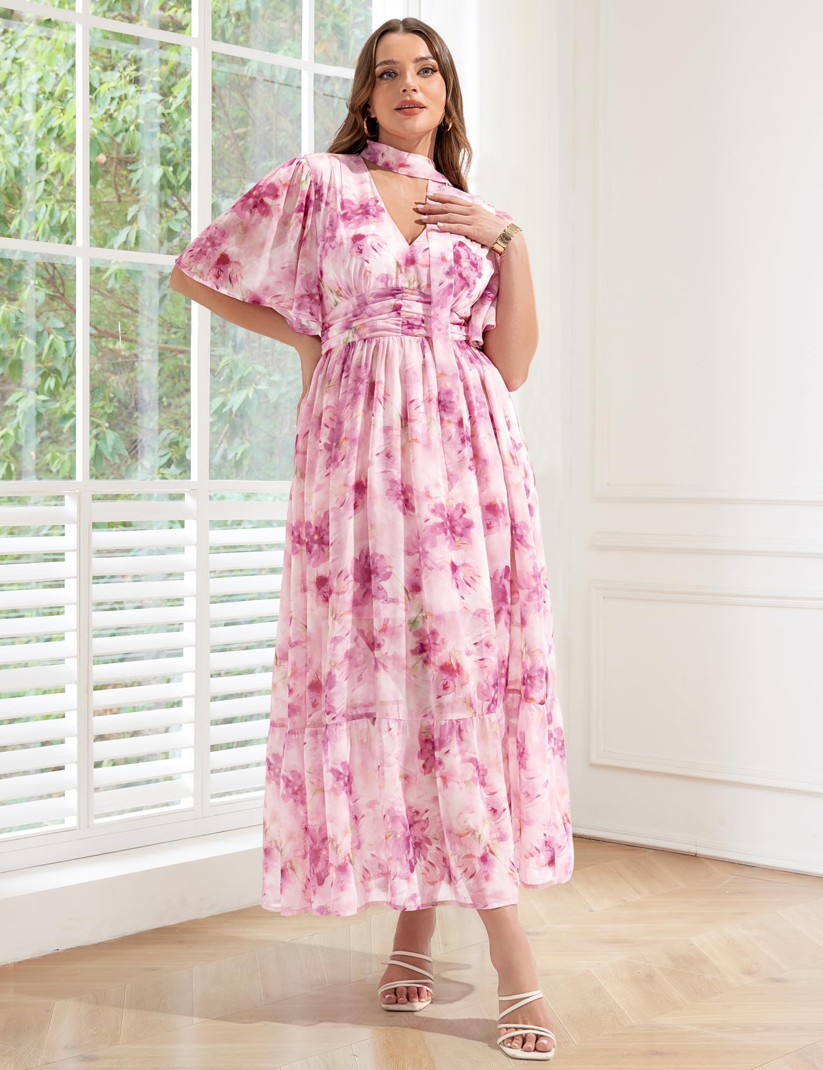 EYWOL Plus Size Wedding Guest Dress - Chiffon Floral Maxi Dress with Flutter Sleeves, Tea Party Dresses for Woman, V Neck High Waist Summer Dresses Pink
