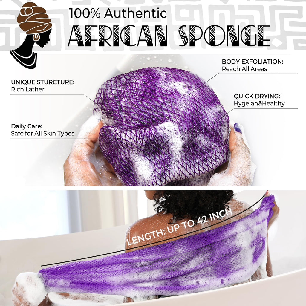 Authentic African Net Sponge with Knots - 2 Pieces Exfoliating Body Sponge Purple & Green - Back Scrubber Shower Exfoliator for Women Personal Care - Shower Scrub for Body Wash Bathing Accessories