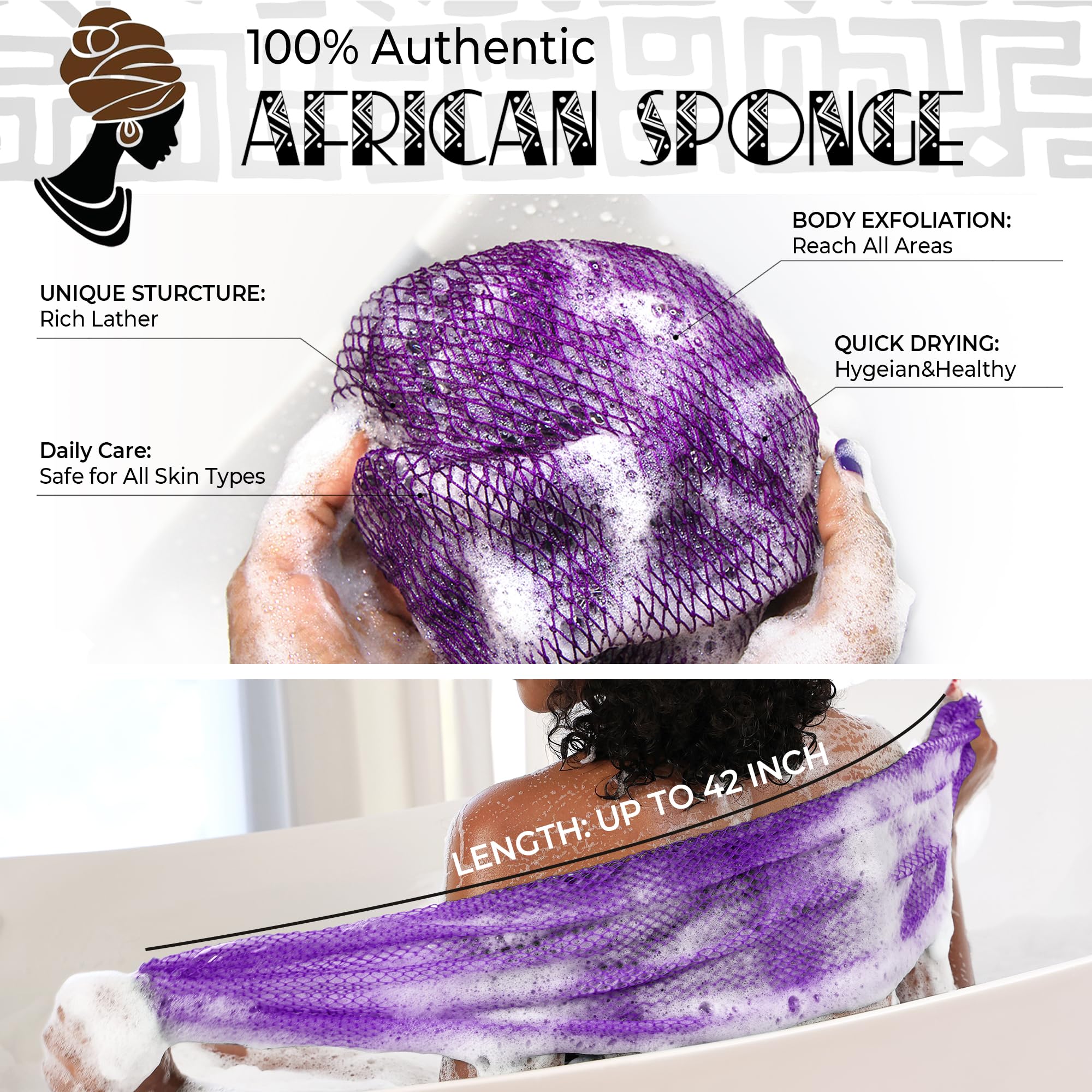 Authentic African Net Sponge with Knots - 2 Pieces Exfoliating Body Sponge Purple & Green - Back Scrubber Shower Exfoliator for Women Personal Care - Shower Scrub for Body Wash Bathing Accessories