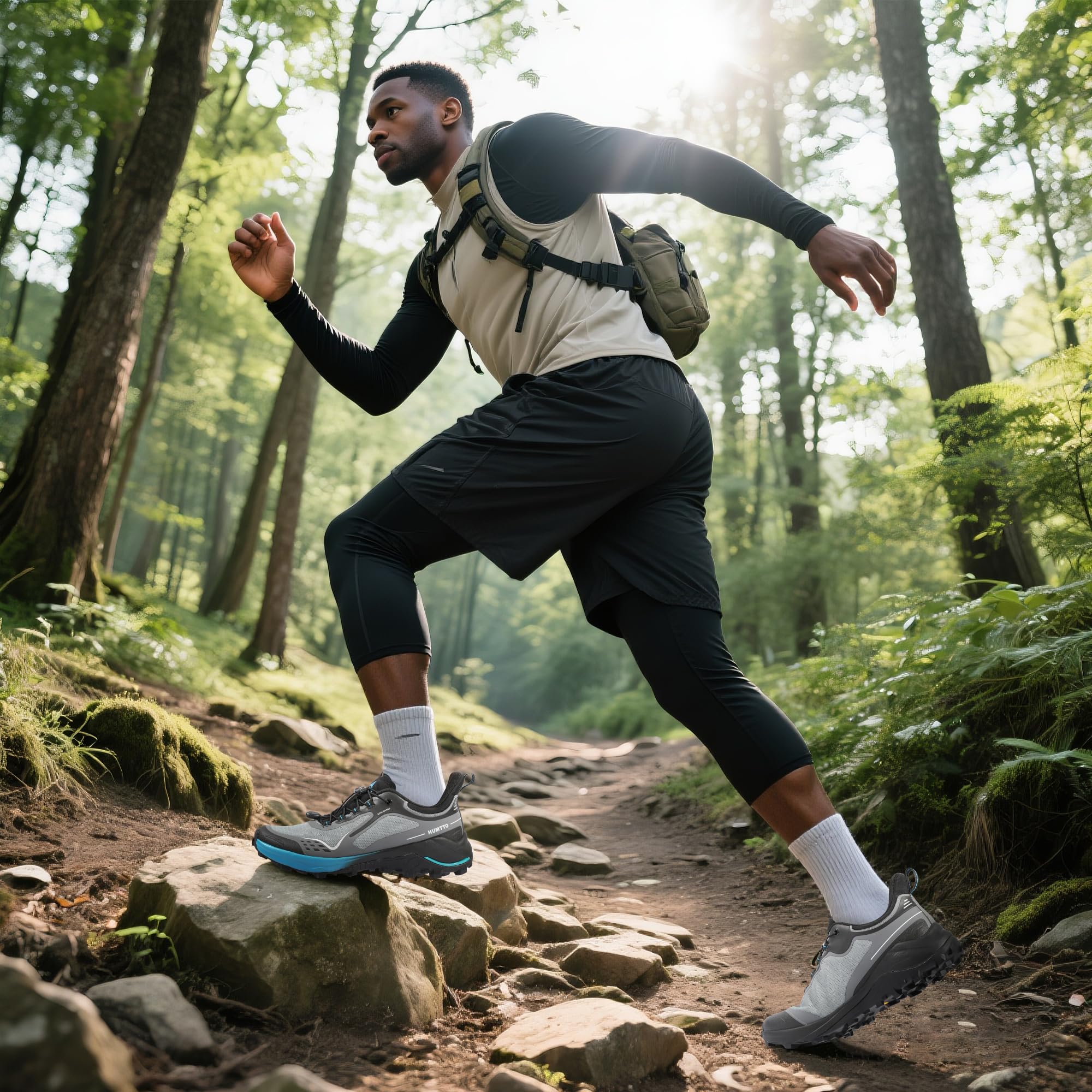 HUMTTO Men's Quick Laces Hiking Sneaker Lightweight Breathable Walking Outdoors Trail Running Shoes Grey/Black 13