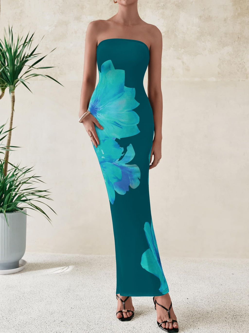 PRETTYGARDEN Women Summer Strapless Maxi Dress Bodycon Floral Sexy Long Wedding Guest Dress Formal Tube Mesh Cocktail Dresses(Dark Green Floral,Large)