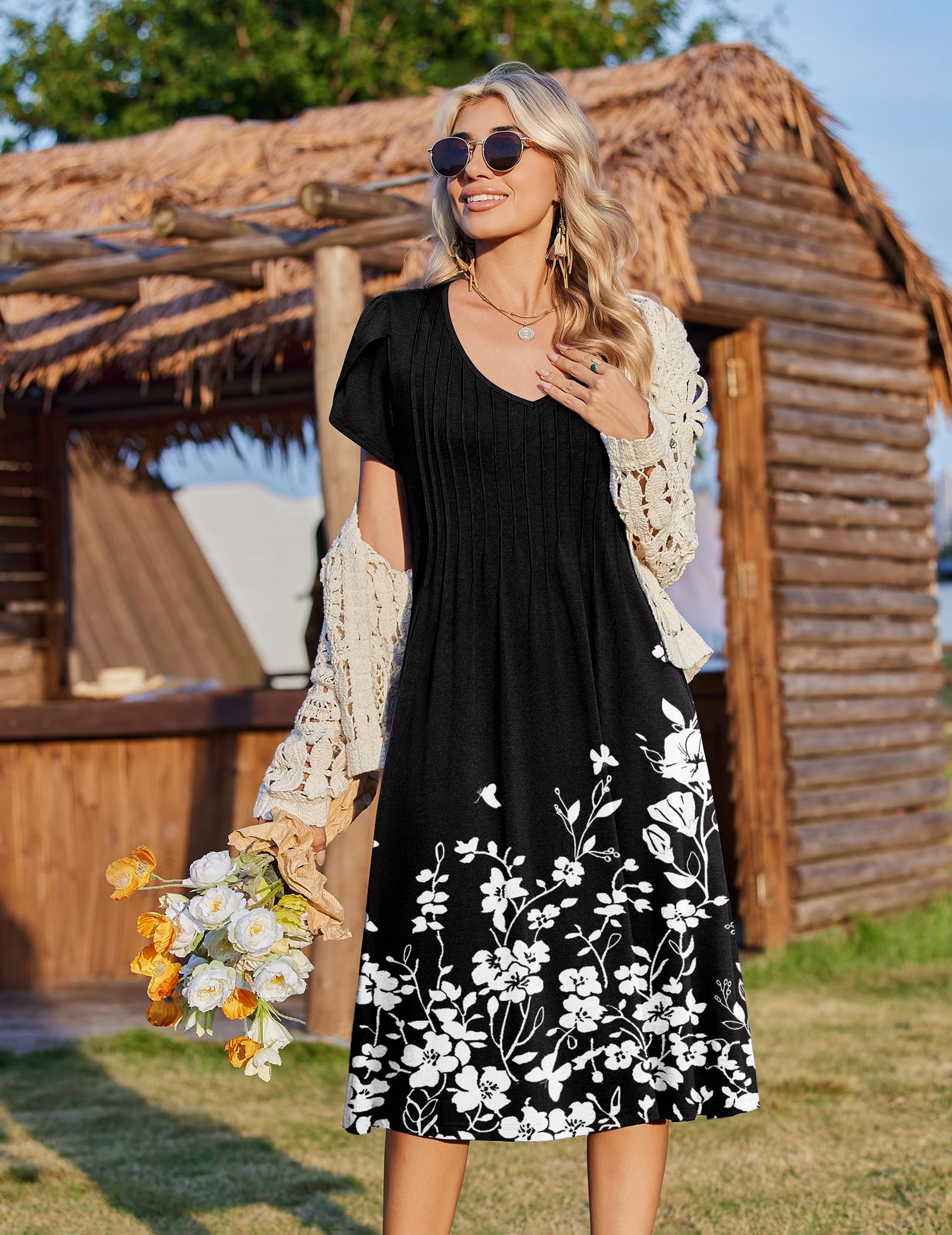 Zeagoo Swing A Line Midi Mothers Day Dress Boho Dresses for Women 2026 Modest Dresses Midi Summer Dress Ladies Short Sleeve Floral Dress Pleated Sundress Black XL