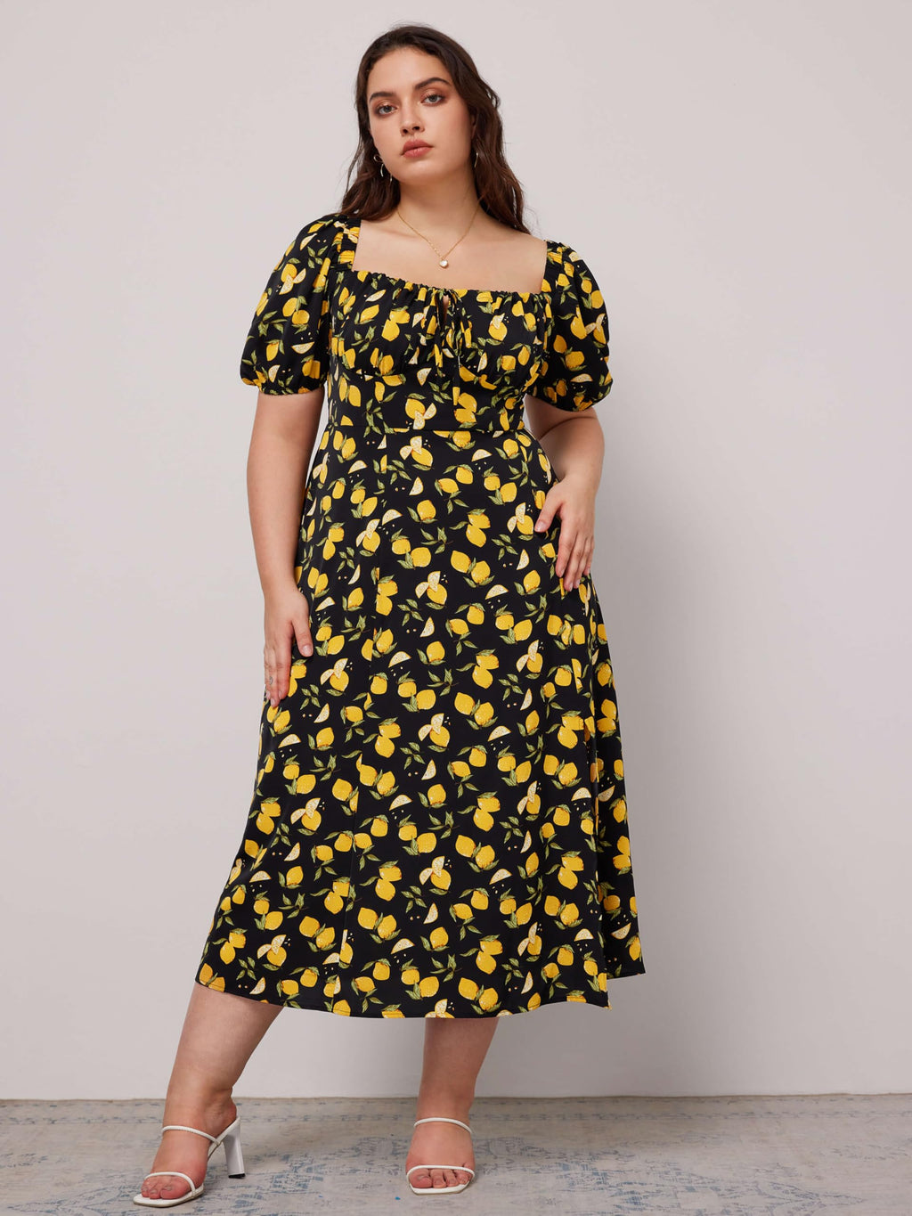 CIDER Women's Plus Size Dress Floral Fruit Square Neck Puff Sleeve Split Sun Dress Summer Midi Dresses Vacation Outfits Black