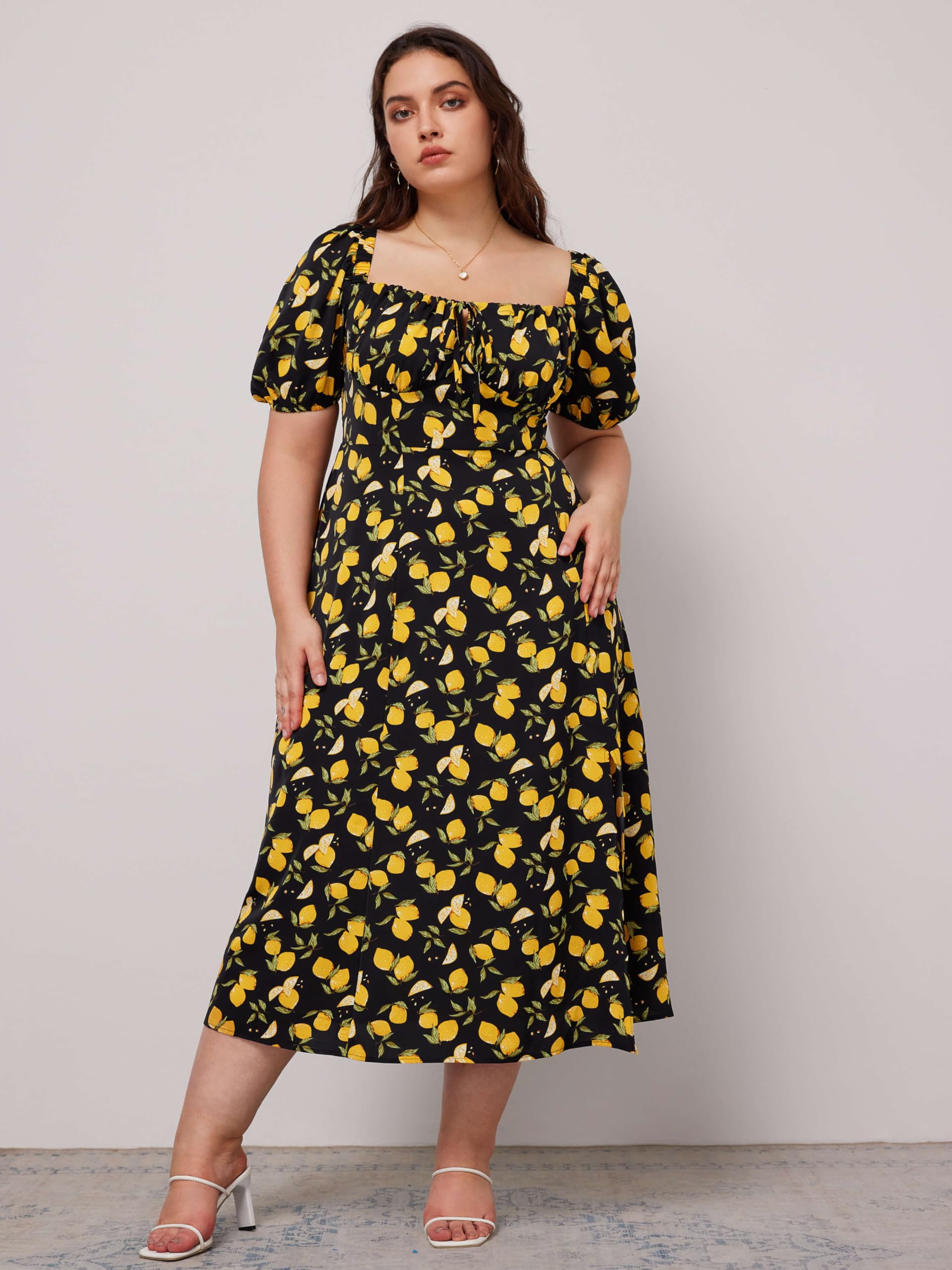 CIDER Women's Plus Size Dress Floral Fruit Square Neck Puff Sleeve Split Sun Dress Summer Midi Dresses Vacation Outfits Black