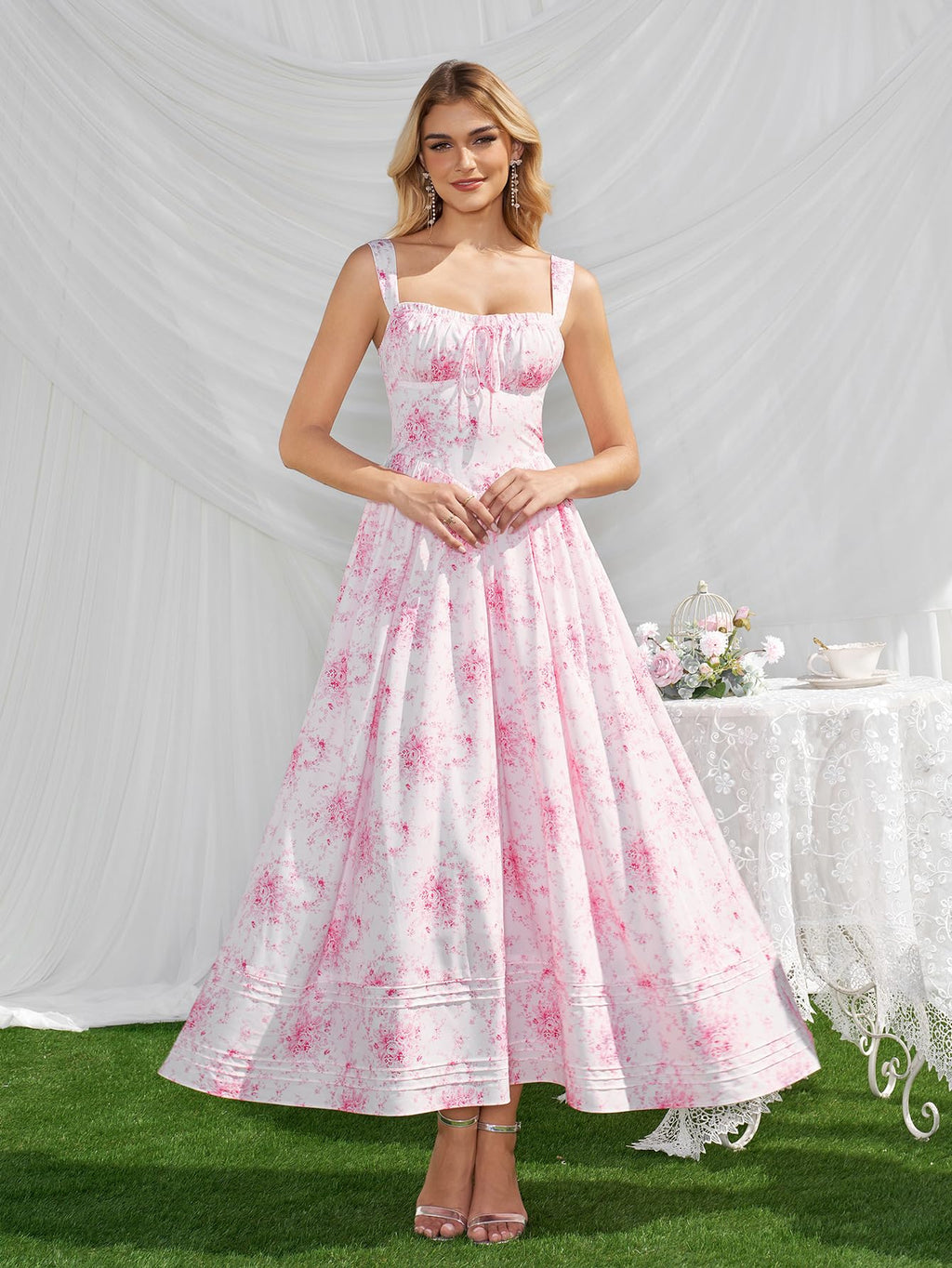 HTZMO Floral Summer Wedding Guest Party Long Dress Square Neck A Line Casual Vacation Milkmaid Maxi Sundress for Women PinkFloral M