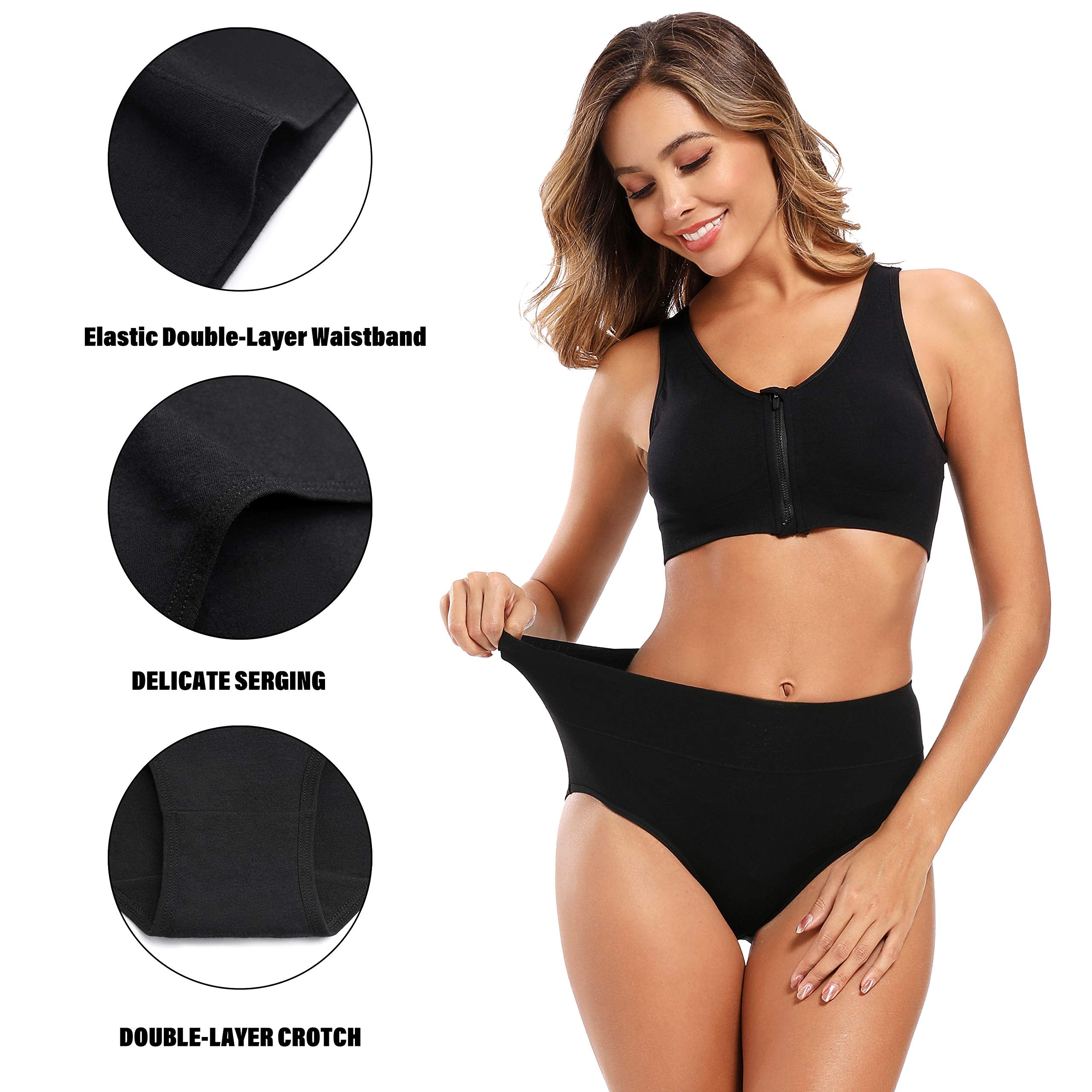 Molasus Women's Soft Cotton Underwear Briefs High Waisted Postpartum Panties Ladies Full Coverage Plus Size Underpants Black,XXL