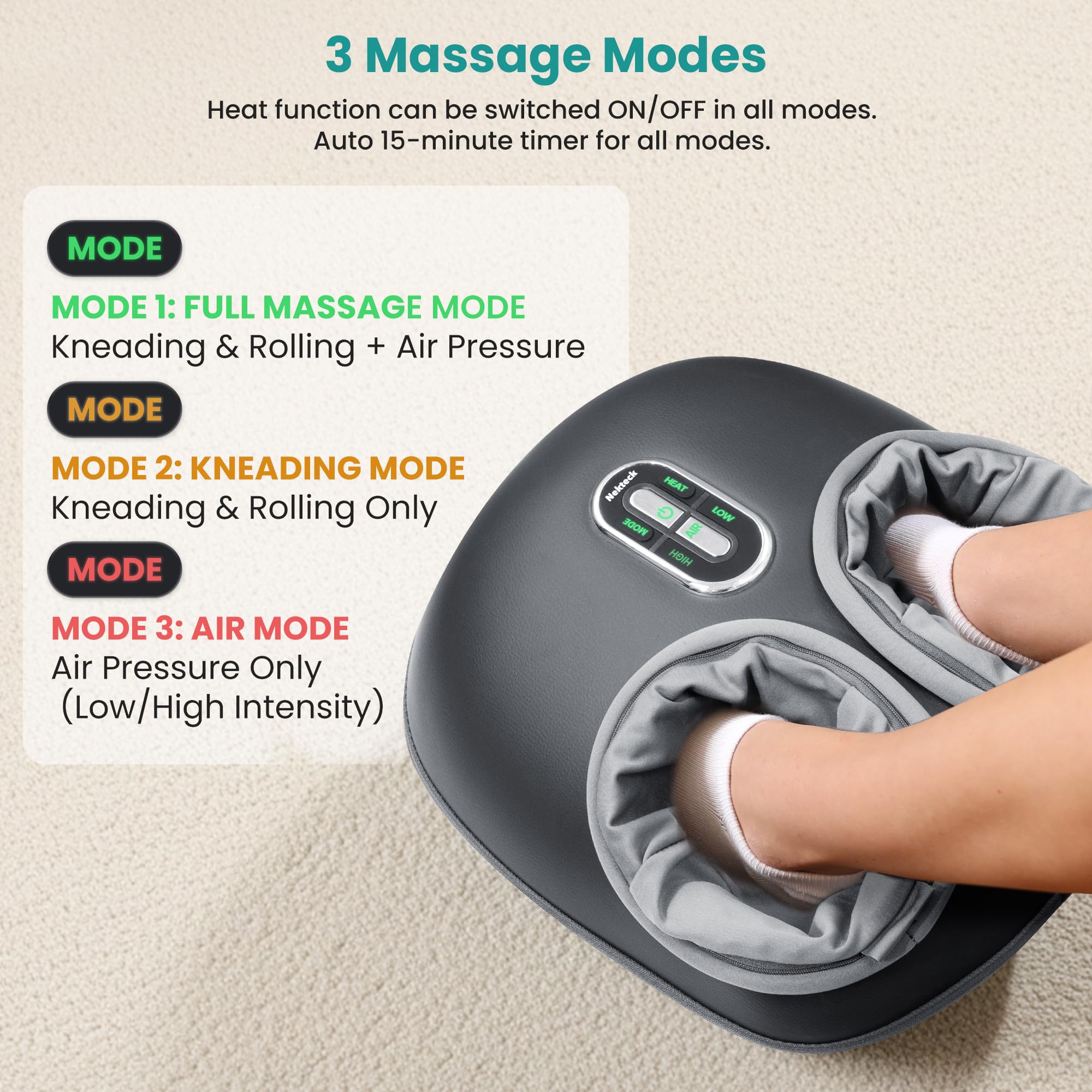 Nekteck Shiatsu Foot Massager with Heat [2026 Upgraded], 3 Modes Deep Kneading Therapy Air Compression, Feet Massage for Plantar Fasciitis, Relaxation Gifts for Men Women Mom Dad Birthday Father's Day