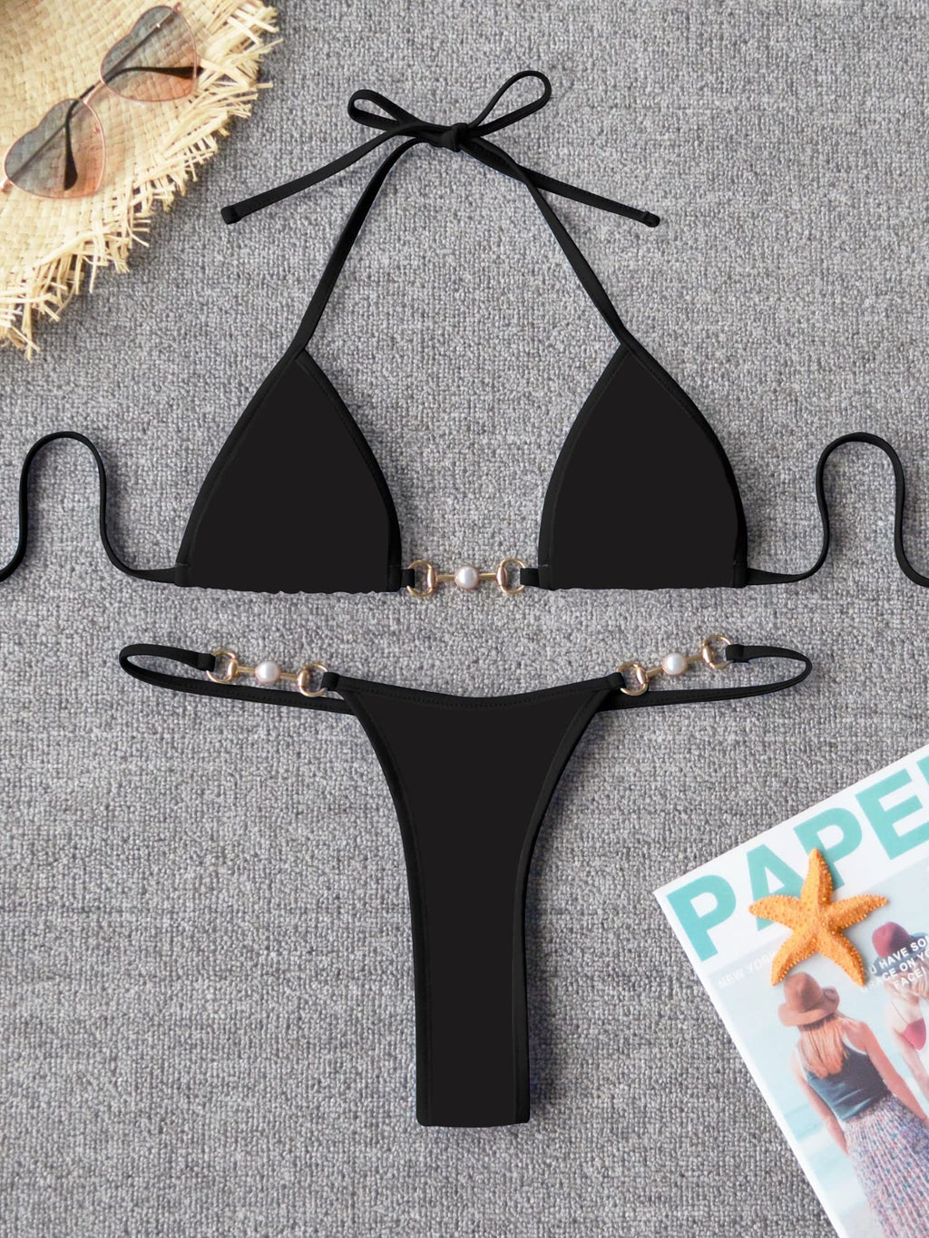 TASHEHE Women's Triangle Thong Bikini Set Sexy Brazillian Two Piece Swimsuit String Bathing Suit - Solid Black - Small