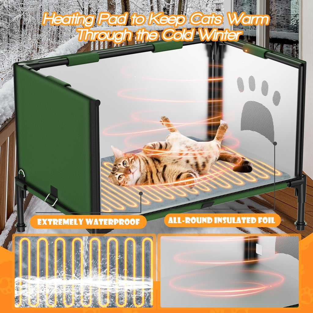 Outdoor Cat House, Waterproof Heated Elevated Cat House for Outside with a Heating Pad, Protect Stray Animal from Rain Snow Hailstone Easy Assembly (Green, Large-21.65 * 13.77 * 18.7)