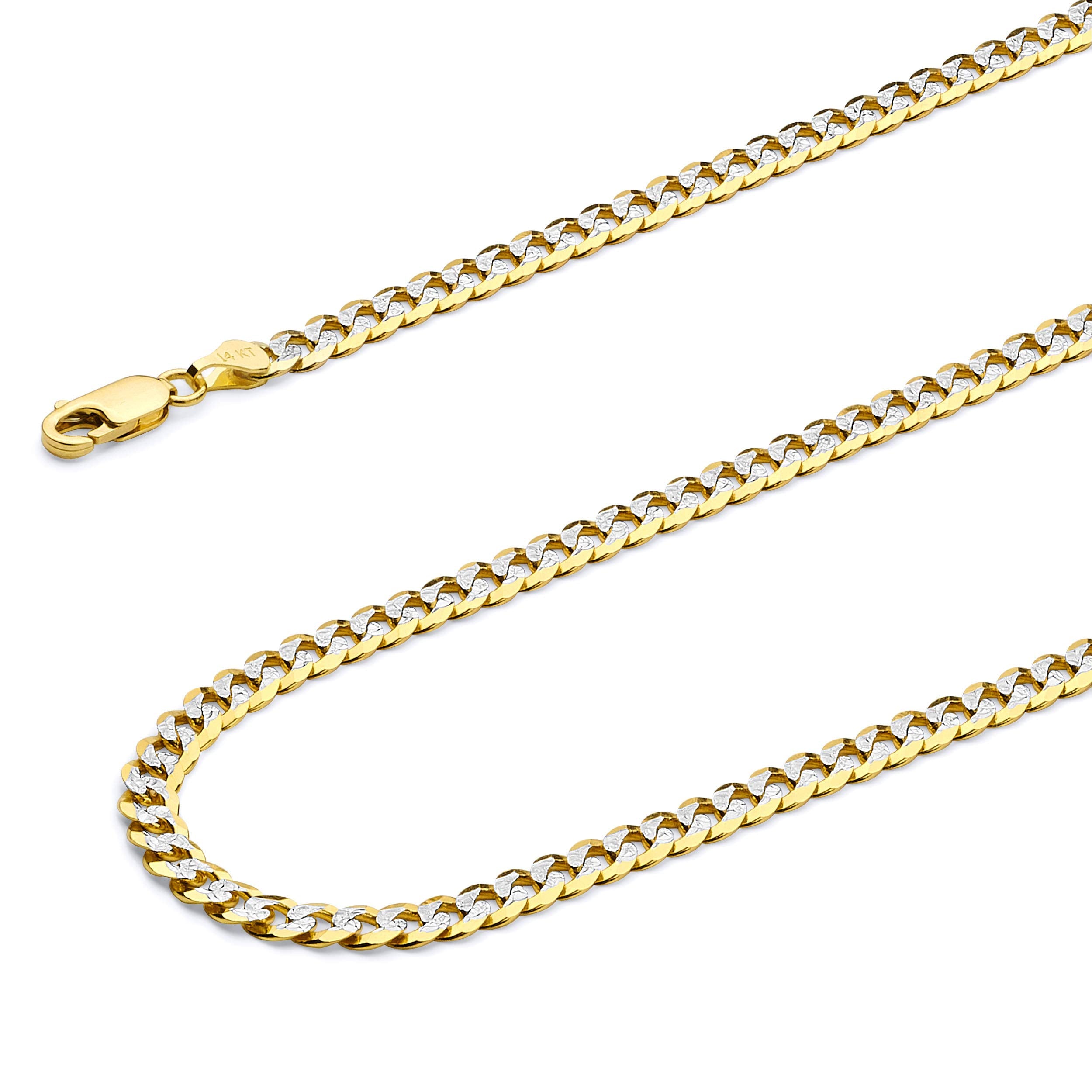 14k REAL Two Tone Gold Solid 2mm Cuban Concave Curb White Pave Chain Necklace with Spring Ring Clasp - 16"