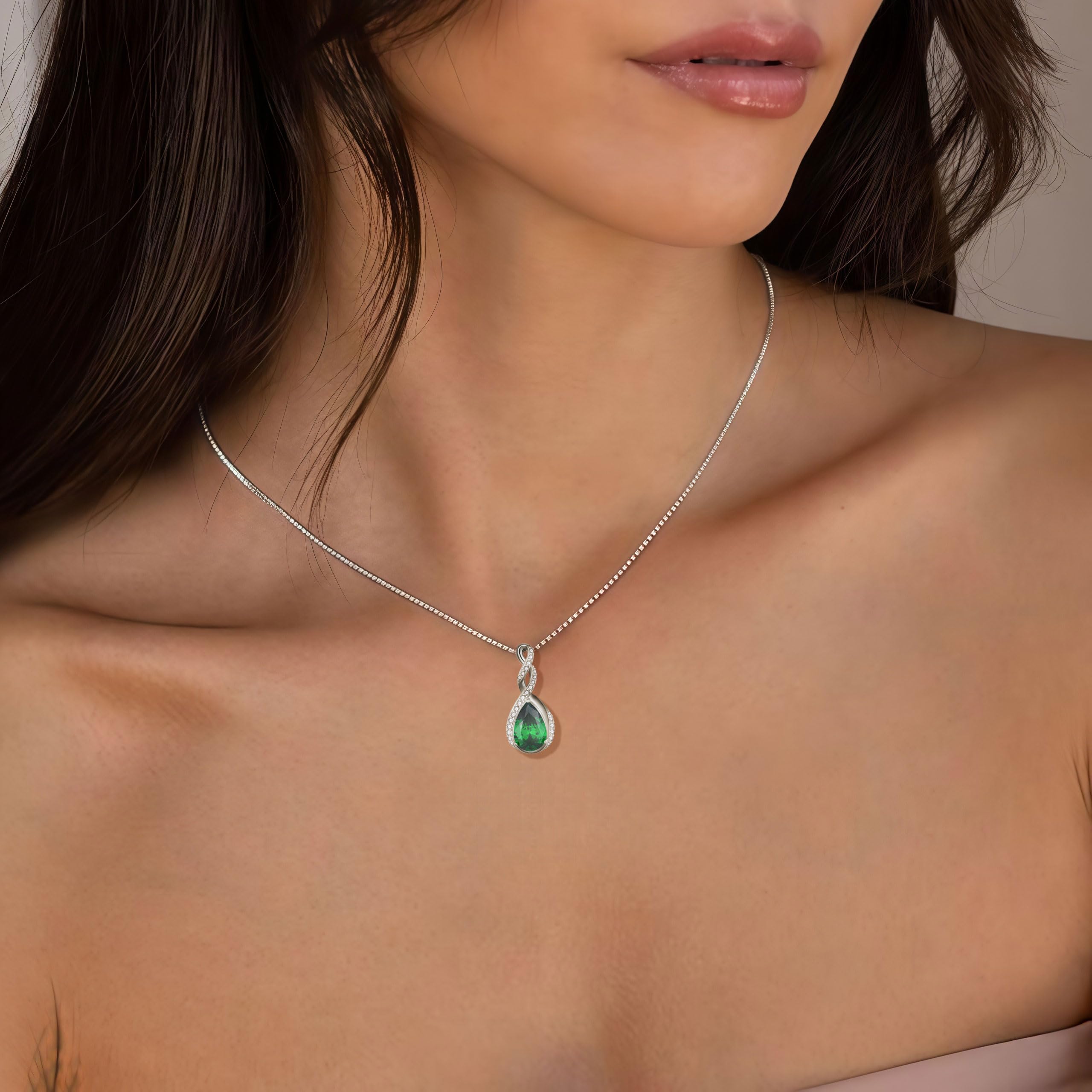 Fahonie 925 Sterling Silver Birthstone Necklace for Women,Infinity Teardrop Birthstone Emerald Pendant Necklace Anniversary Birthday Jewelry Gift for Women Wife Friend 18"+2" Chain