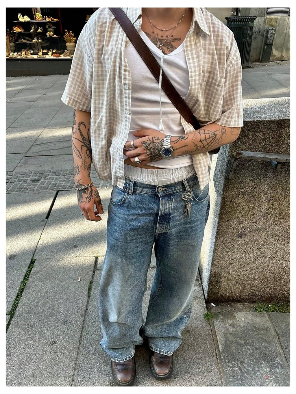 GORGLITTER Men's Cropped Button Down Shirt Plaid Y2k Short Sleeve Pocket Patched Gingham Collar Tops Streetwear White and Brown Small