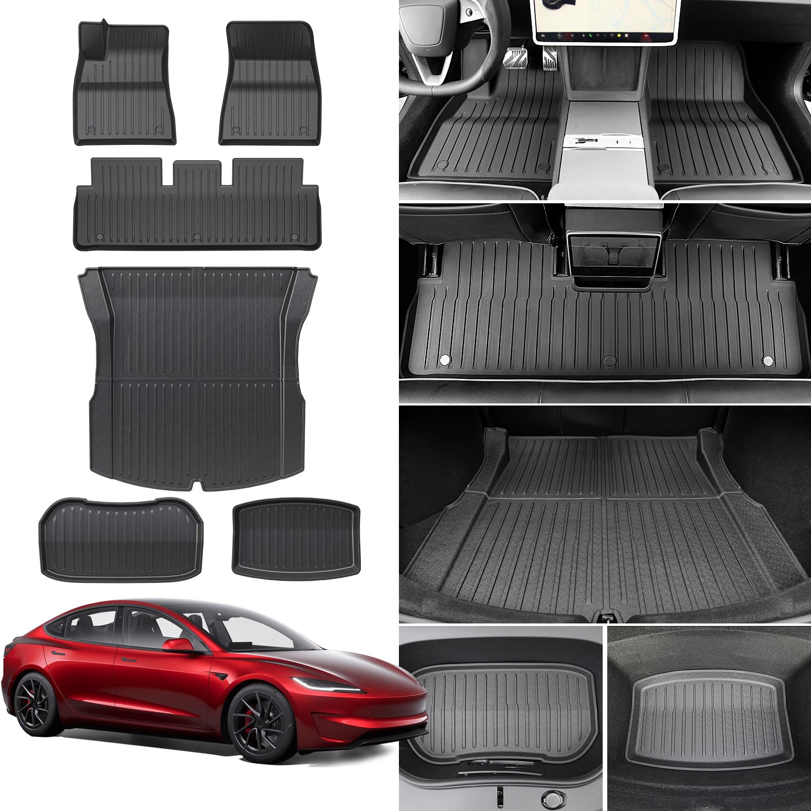 Foronetry Floor Mats for 2025 2024 Tesla Model 3 Highland, All Weather TPE Cargo Liner Floor Mats Frunk Trunk Mats fit Tesla Model 3 Accessories 2024 2025, 6 PCS