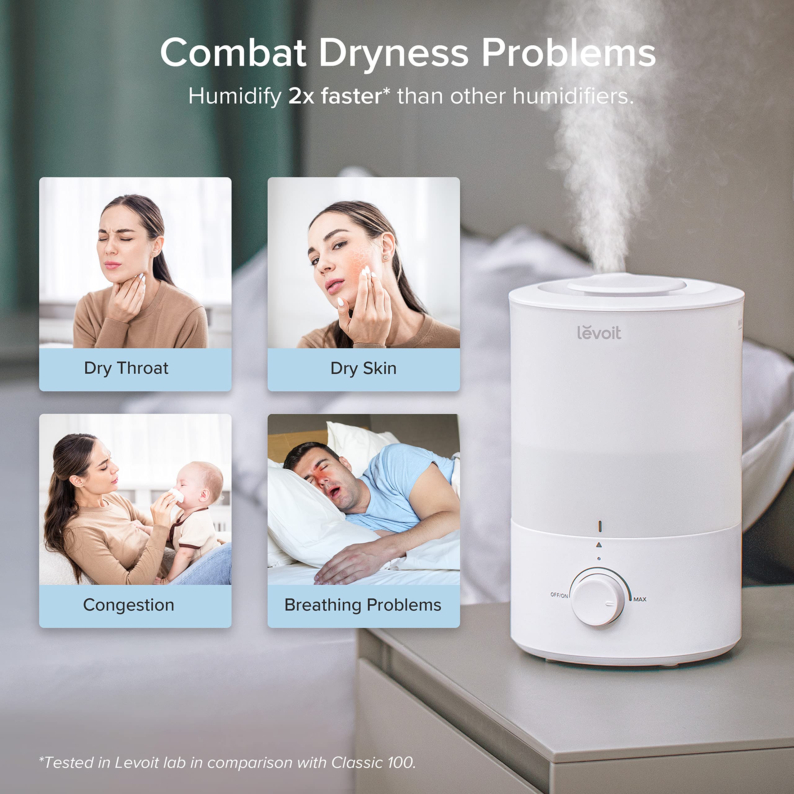 LEVOIT - Humidifiers for Bedroom - Quiet (3L Water Tank) - Cool Mist/Top Fill/Essential Oil Diffuser/25Watt - Home/Large Room - 360° Nozzle - Rapid Ultrasonic Humidification for Baby Nursery/Plant