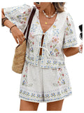 WDIRARA Women's Boho 2 Piece Outfit Floral Tie Front Blouse Shorts Set Vacation Outfits Blue Large