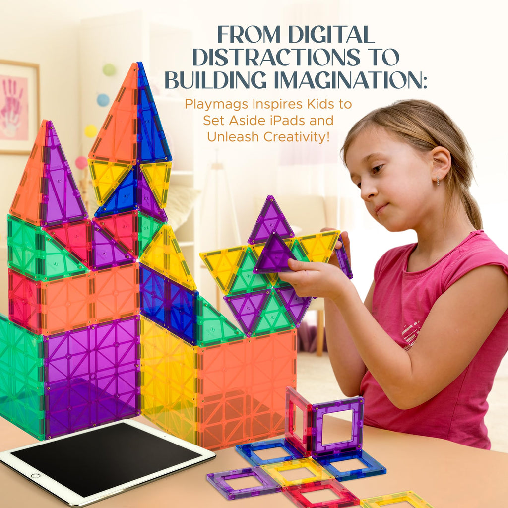 Playmags 150-Piece Magnetic Tiles Building Set – 3D Magnet Building Blocks Creative Imagination, Inspirational, Educational STEM Toys for Kids with 1 Car
