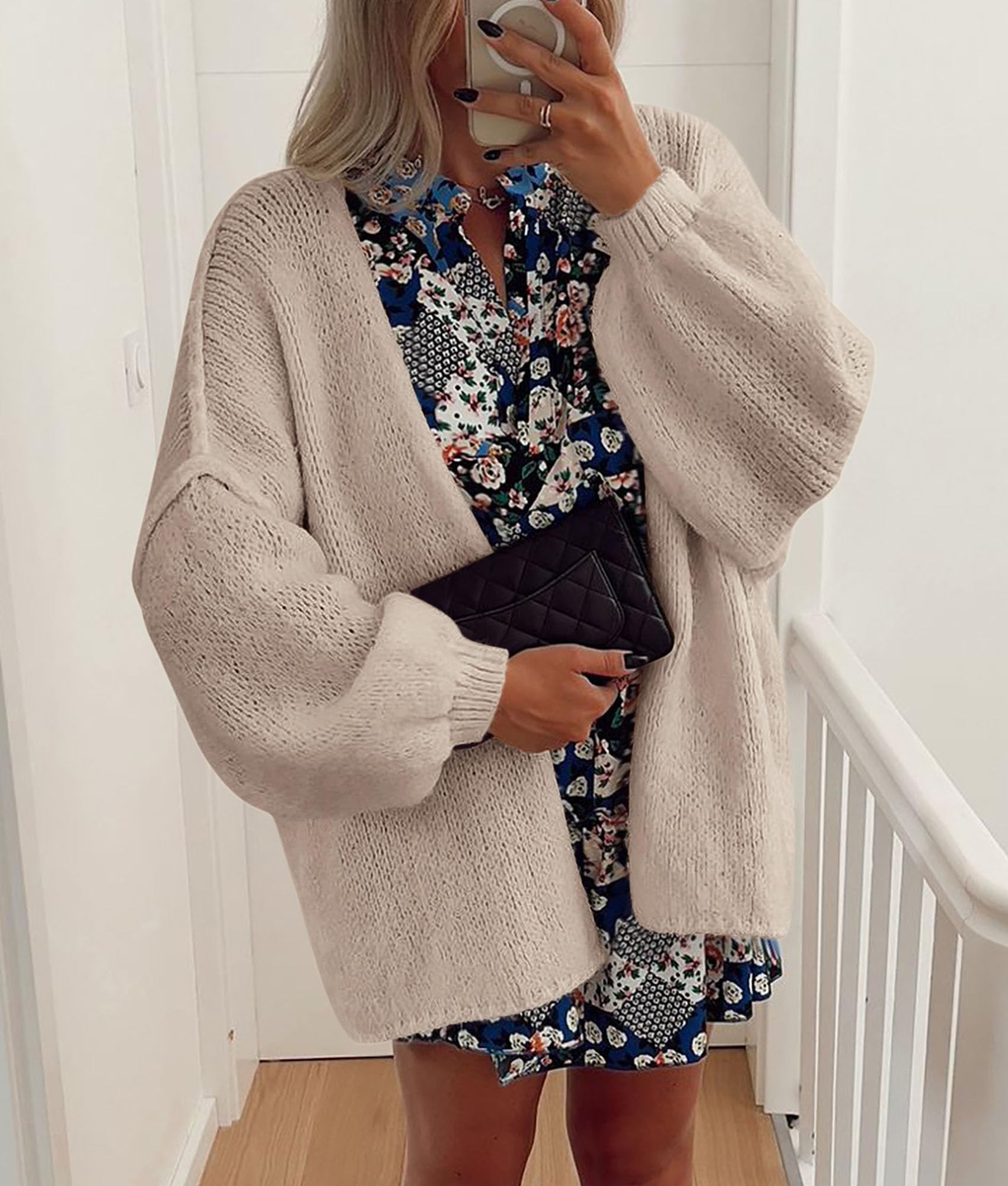 PRETTYGARDEN Womens Oversized Cardigan Sweaters 2025 Fall Long Lantern Sleeve Knit Open Front Lightweight Sweater (Grey Beige,Small)