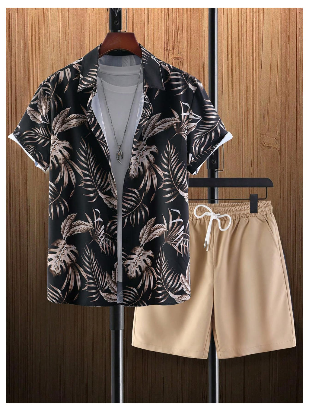 GORGLITTER Men's Vacation Beach Cruise Summer Outfits 2 Piece Shorts Set Hawaiian Button Down Shirt and Shorts Black and Brown X-Large