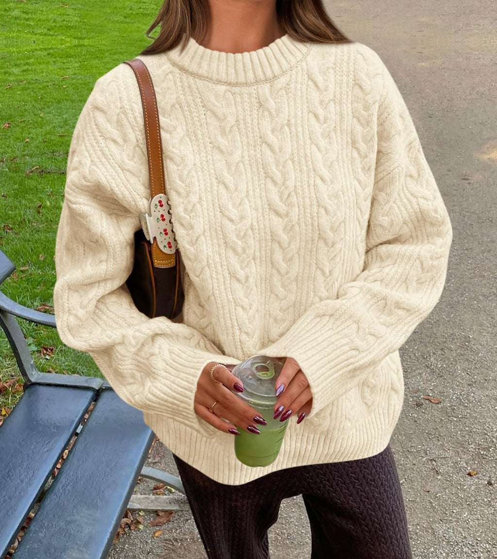 Okiwam Women's Oversized Sweaters Crewneck Cable Knit Pullover Casual Loose Fall Outfits Spring Fashion Clothes 2026-M Beige White