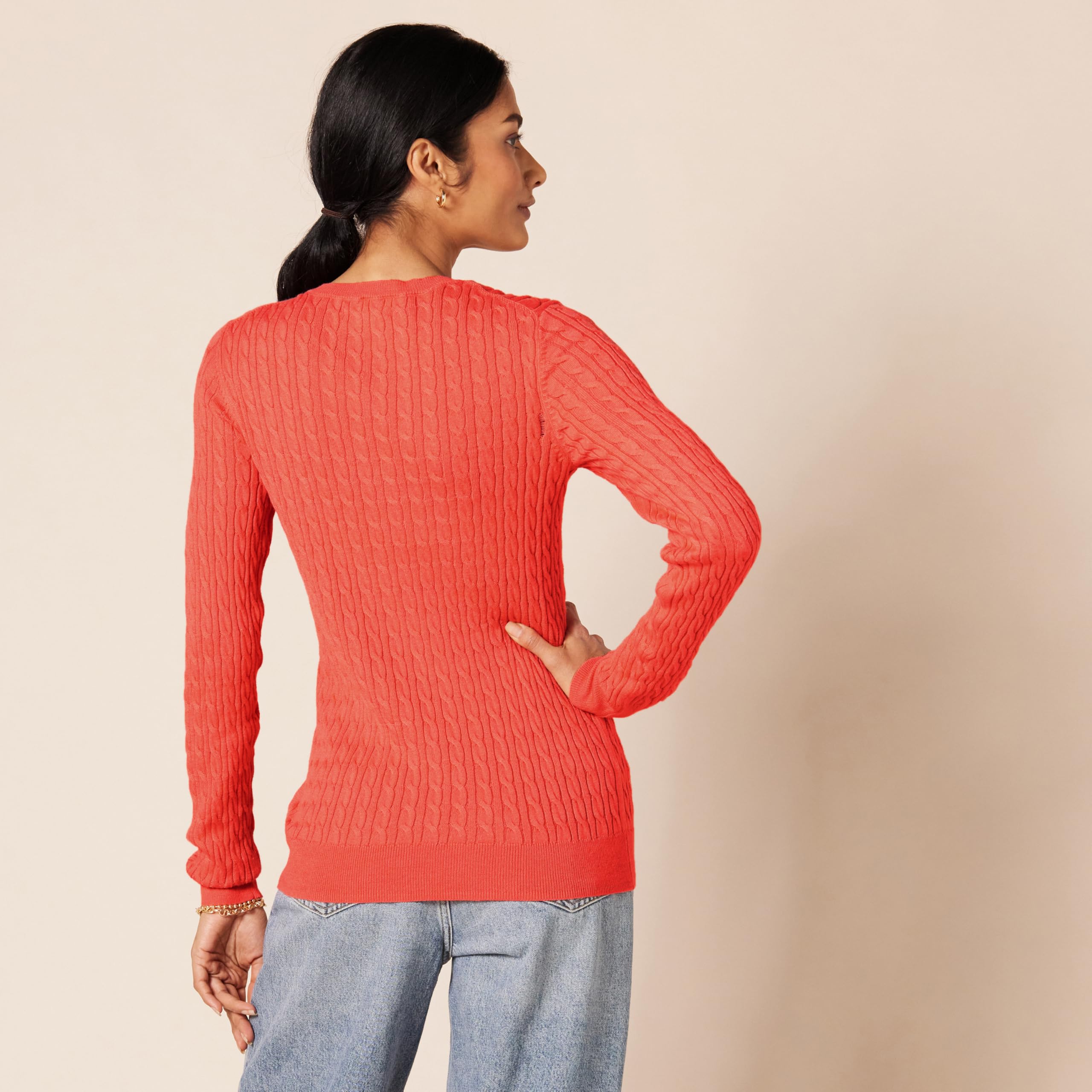 Amazon Essentials Women's Lightweight Long-Sleeve Cable Crewneck Sweater (Available in Plus Size), Coral Pink, Large