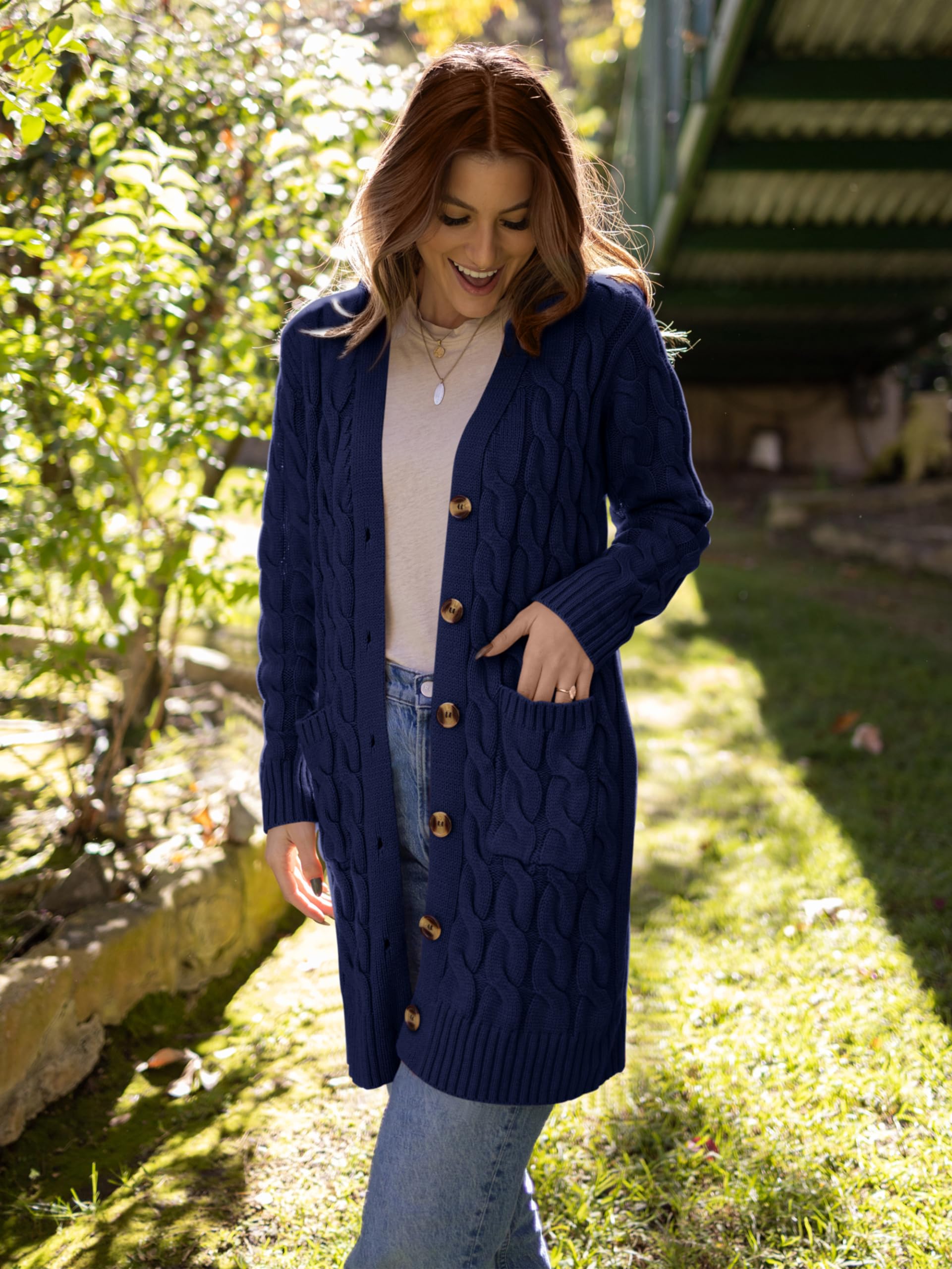 PRETTYGARDEN Long Sleeve Cable Knit Long Cardigan for Women 2026 Spring Winter Chunky Open Front Button Sweaters with Pockets(Dark Blue,Small)
