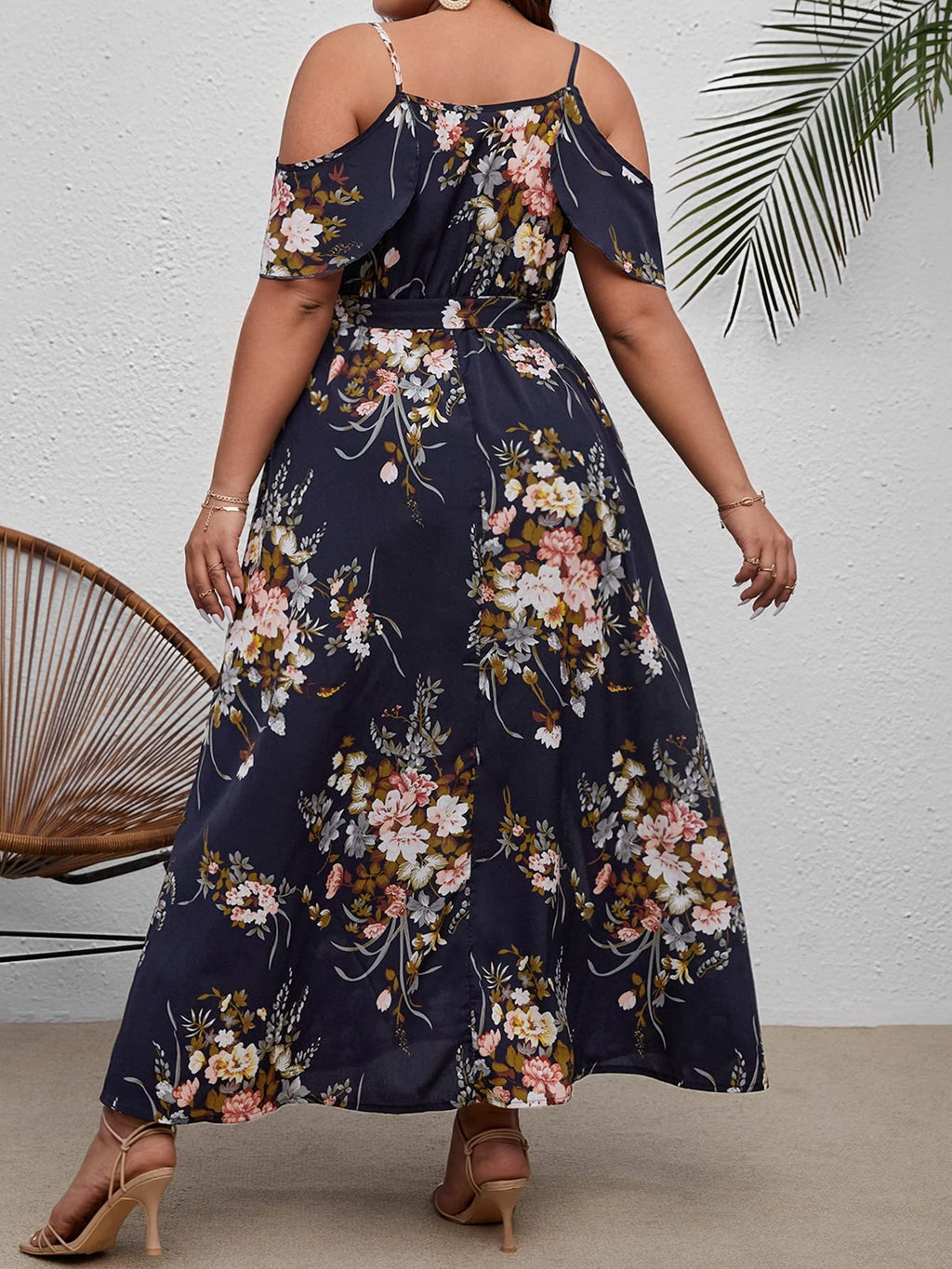 Floerns Women's Plus Size Cold Shoulder Short Sleeve Split Thigh Long Dress Black Floral