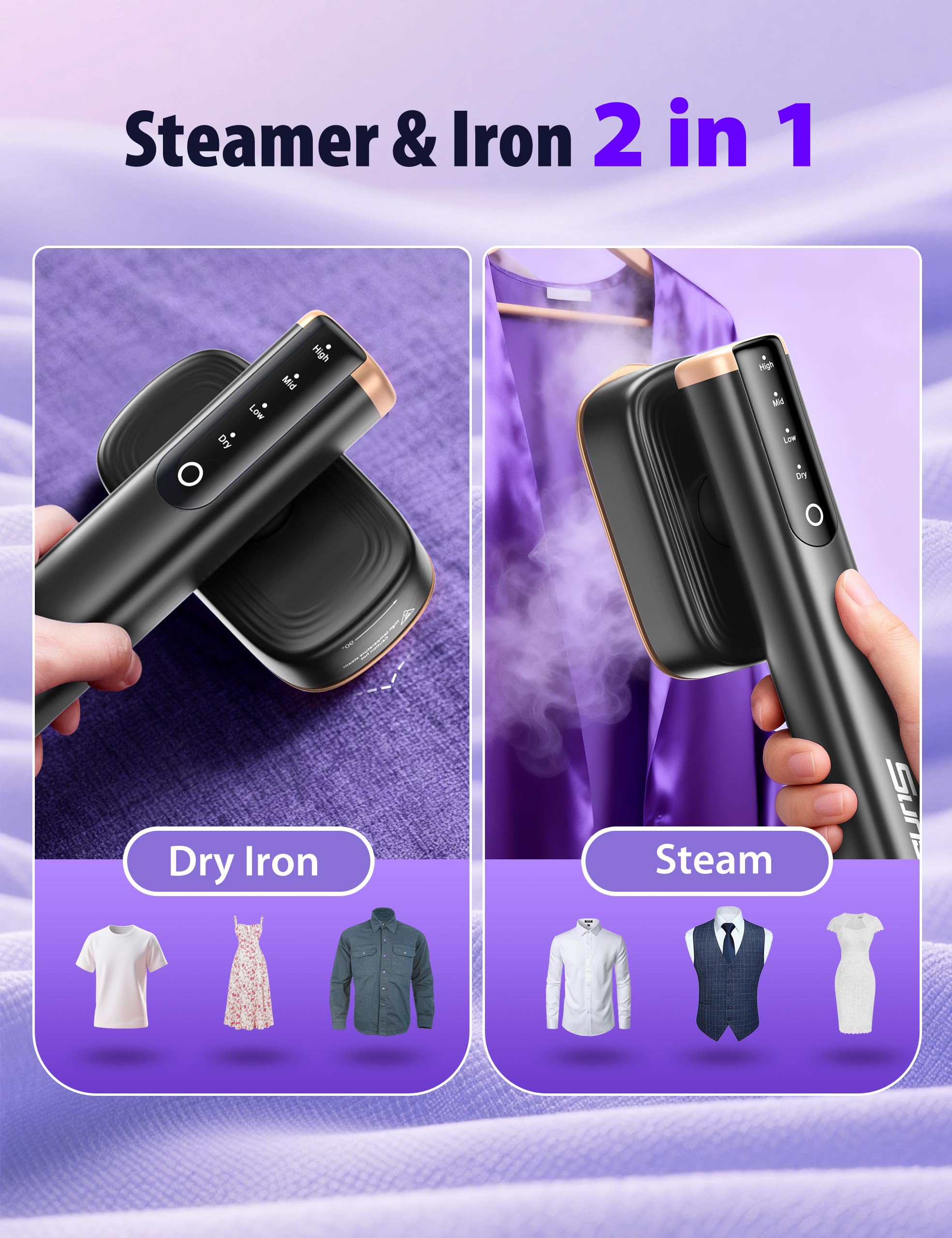 Steamer for Clothes Portable Handheld Garment Steamer,15s Fast Heat-up,180ml Tank,Steamer Ironing Gloves,35 Minutes of Continuous Ironing for Travel and Home(Black Gold)