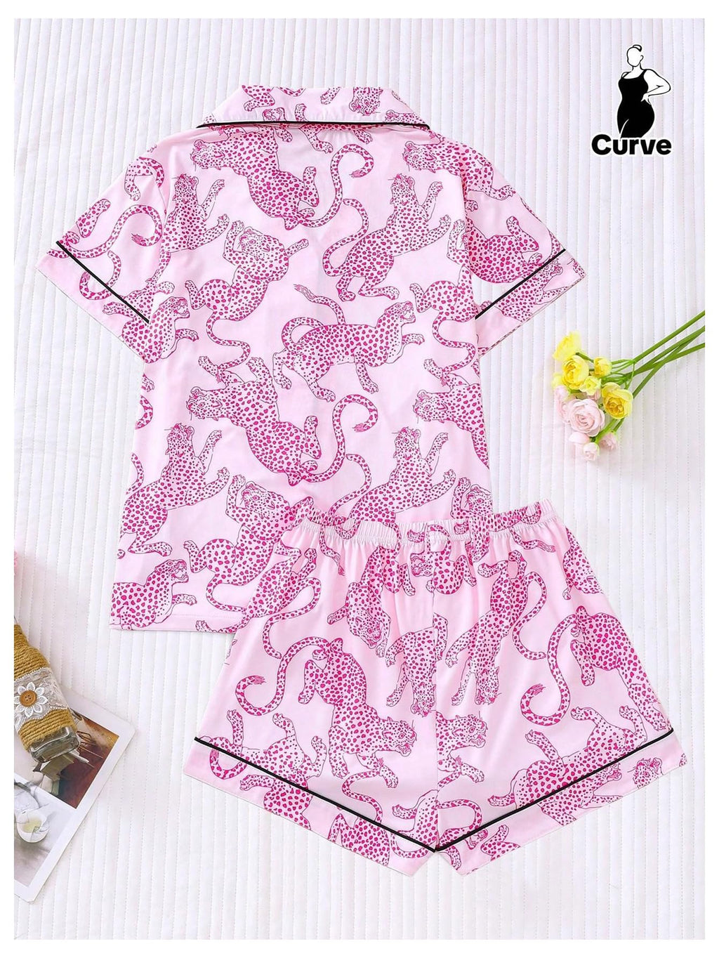 WDIRARA Women's Two Piece Animal Print Short Sleeve Button Shirt and Elastic Waist Shorts Pajama Set Hot Pink Medium