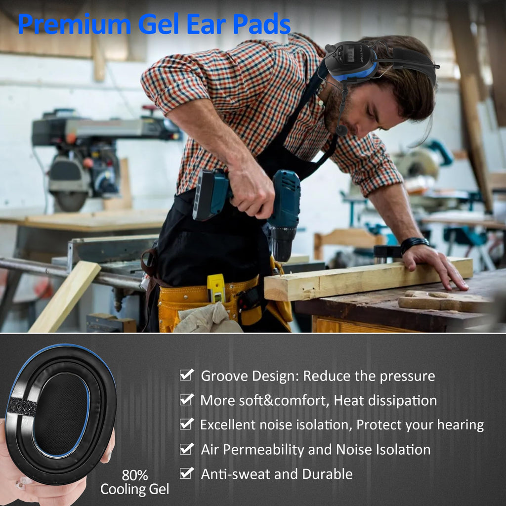 Upgraded Bluetooth 5.4 Radio Headphone with Gel Ear Pads,Ear Hearing Protection Earmuffs with Boom Mic,Rechargeable Battery,Digital AM/FM Radio Headphones for Mowing Yard Lawn Work Outdoor (Blue)