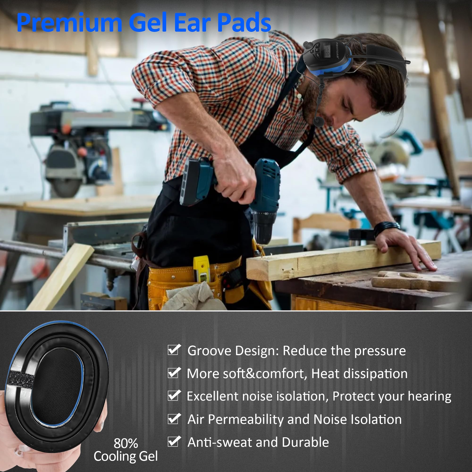 Upgraded Bluetooth 5.4 Radio Headphone with Gel Ear Pads,Ear Hearing Protection Earmuffs with Boom Mic,Rechargeable Battery,Digital AM/FM Radio Headphones for Mowing Yard Lawn Work Outdoor (Blue)