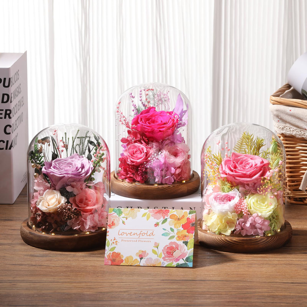 LOVENFOLD Flowers for Delivery Preserved Flowers Pink Roses with LED Light in a Glass Dome,Long Lasting Forever Flowers Birthday Gifts for Women Daughter Mom Wife Friend（Pink Rose）