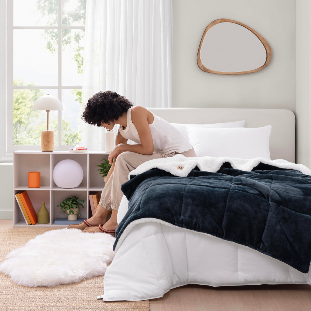 UGG Nita Throw Blanket Soft Reversible Plush Throw for Couch or Bed Cozy Fuzzy Warm Fluffy Blanket for Living Room or Cute Bedroom Decor Down Alternative Washable, 50-inch x 70-inch, Navy Blue