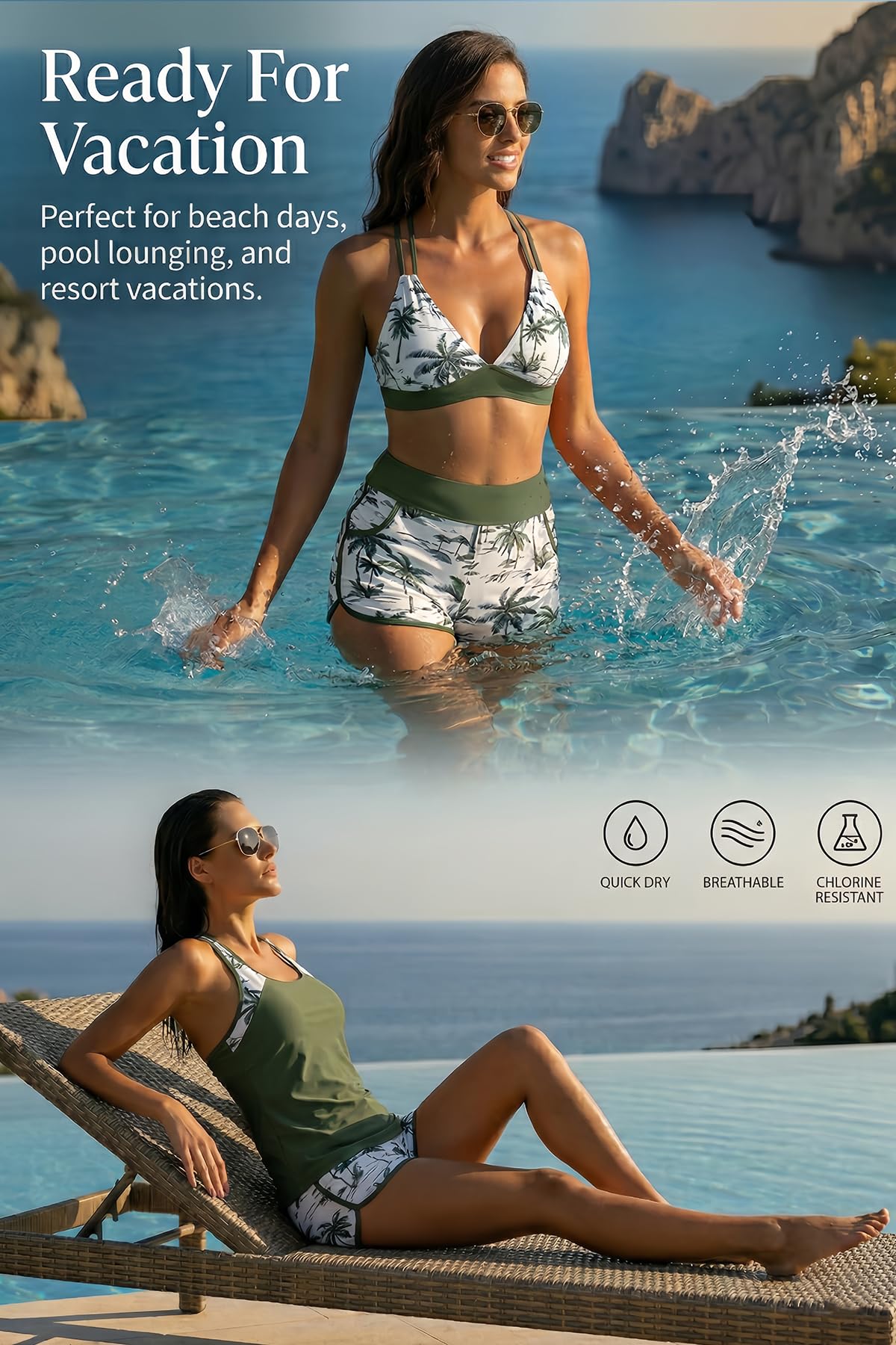 Daci Green Palm Tree Women 3 Piece Tankini Swimsuits - Tummy Control Tank Top with Bra Modest Bathing Suit with Pockets Boyshorts Bottom 2026 L
