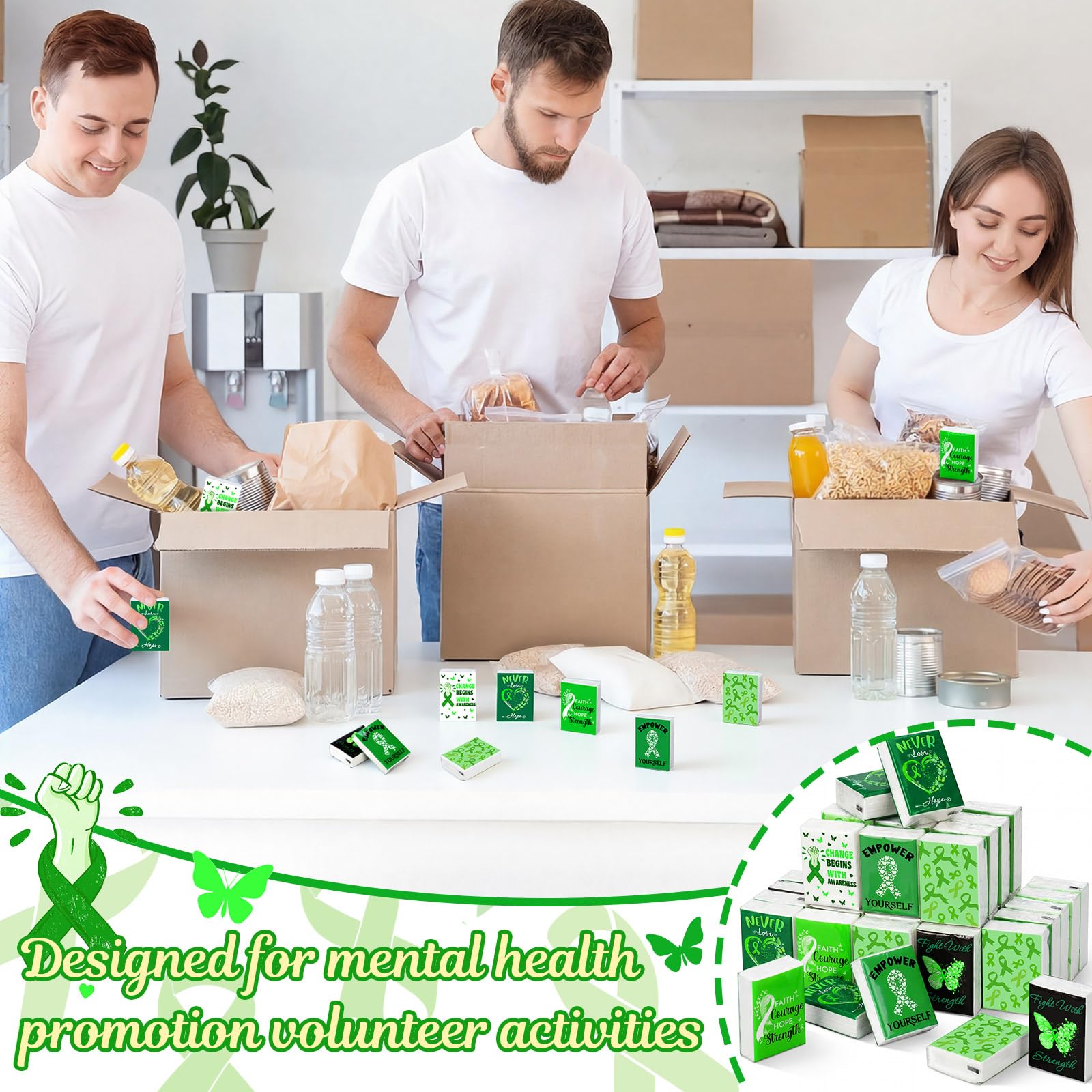 Honoson 60 Pack Mental Health Awareness Tissues Bulk Green Ribbon Mental Health Awareness Month Gifts Favor Travel Pocket Tissue for Charity Event Supplies Volunteer Activities
