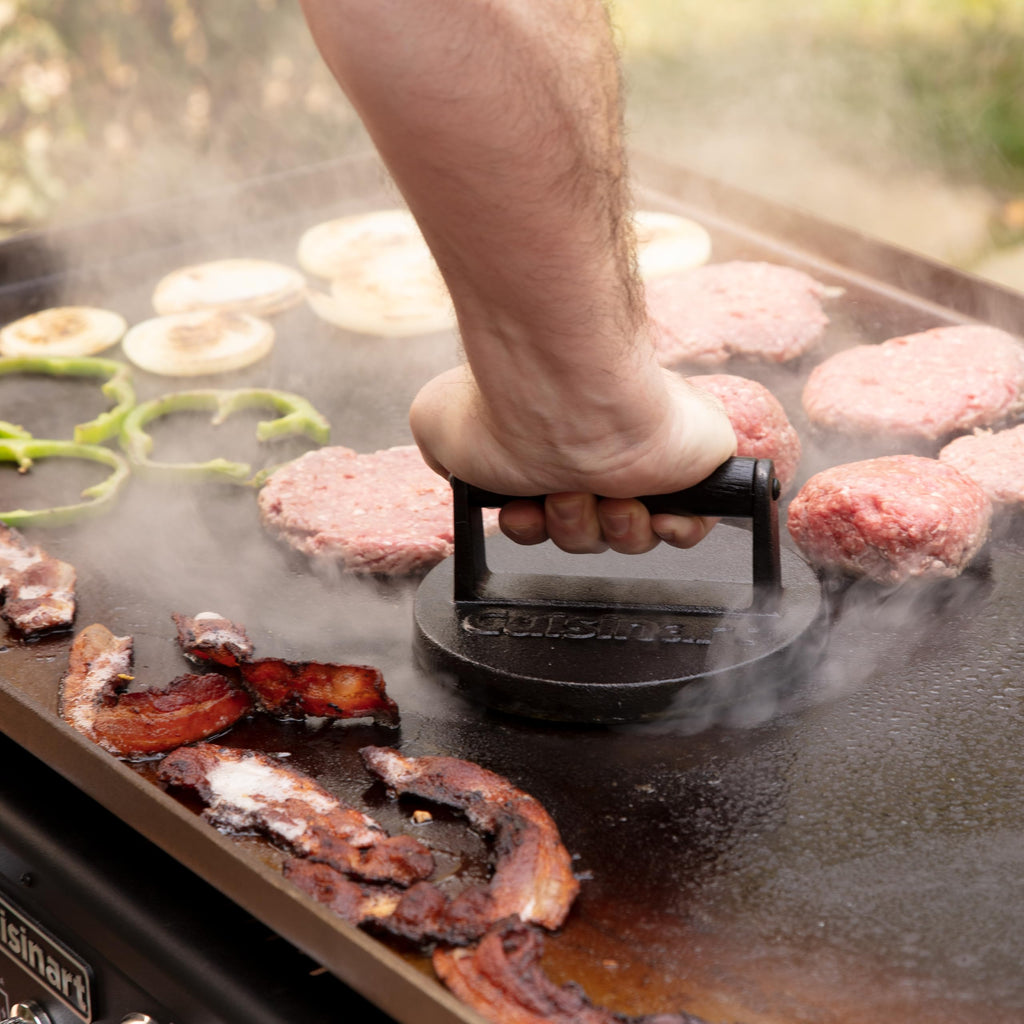 Cuisinart 6.5" Cast Iron Smashed Burger Press, Round Flat Edge Grill Press for Crispy Smash Burgers, Burger Tool for Grill and Griddle Accessories, for BBQs and Tailgates