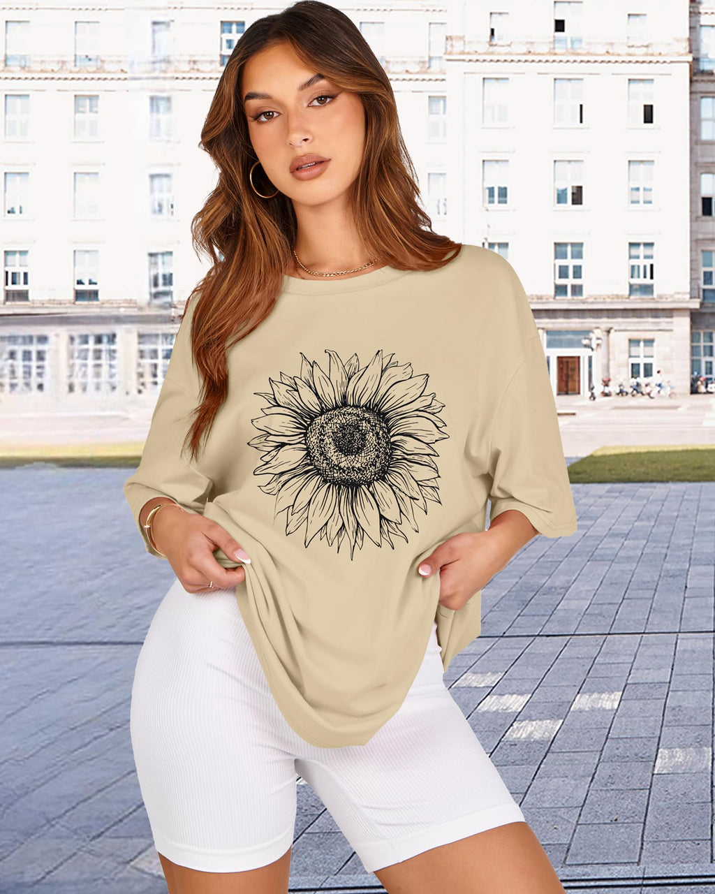 Womens Oversized Tshirt Graphic Tees Crew Neck Summer Short Sleeve Loose Fit Tops (A-Sunflower Print Khaki, L)