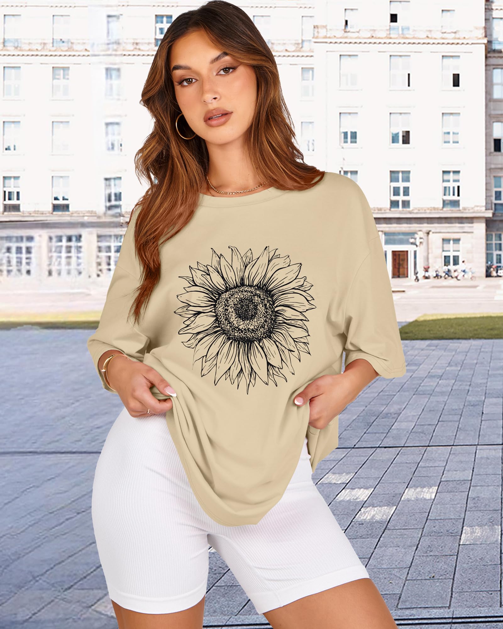 Womens Oversized Tshirt Graphic Tees Crew Neck Summer Short Sleeve Loose Fit Tops (A-Sunflower Print Khaki, L)
