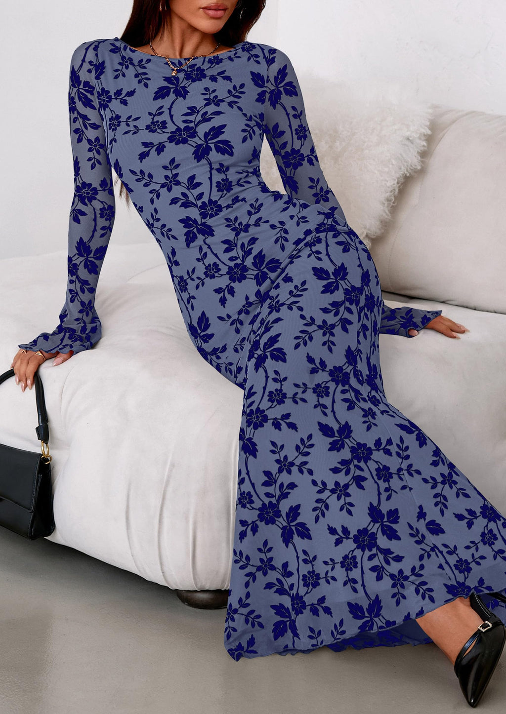 PRETTYGARDEN Women's Floral Bodycon Maxi Dress 2026 Spring Elegant Mesh Long Sleeve Formal Wedding Guest Cocktail Dresses (Dusty Blue,XX-Large)